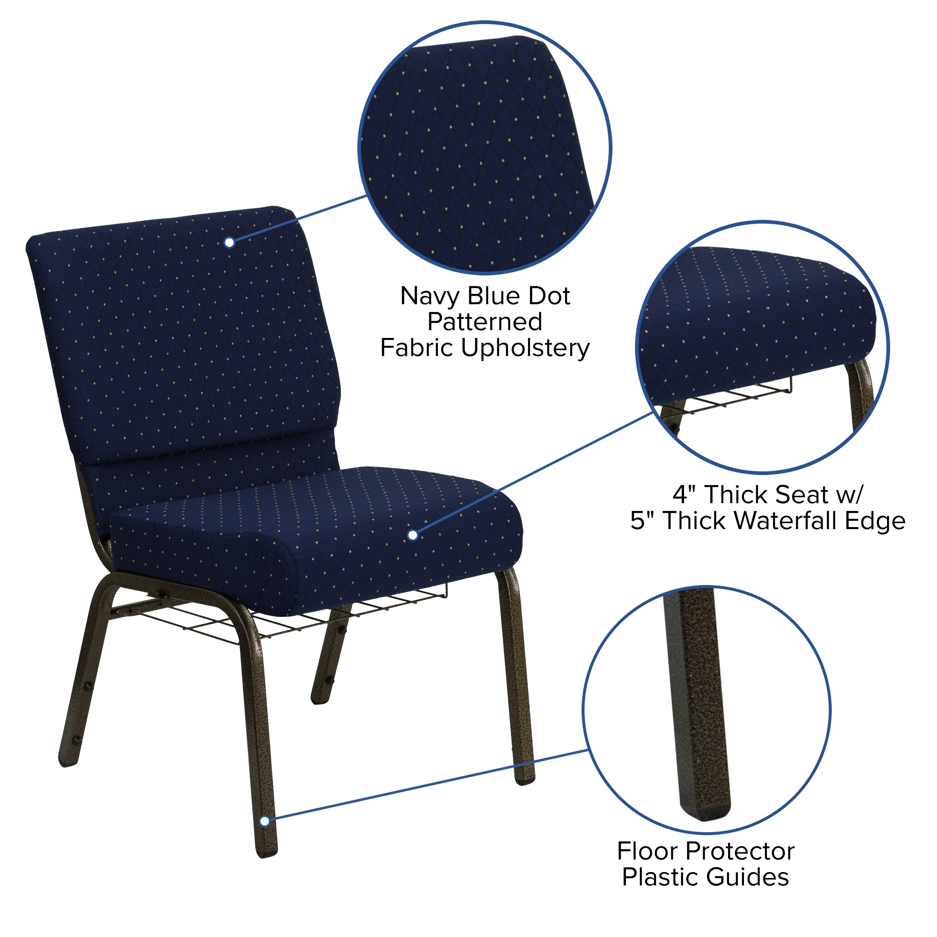 Navy Blue Dot Patterned Fabric Upholstery  
4" Thick Seat w/ 5" Thick Waterfall Edge  
Floor Protector Plastic Guides
