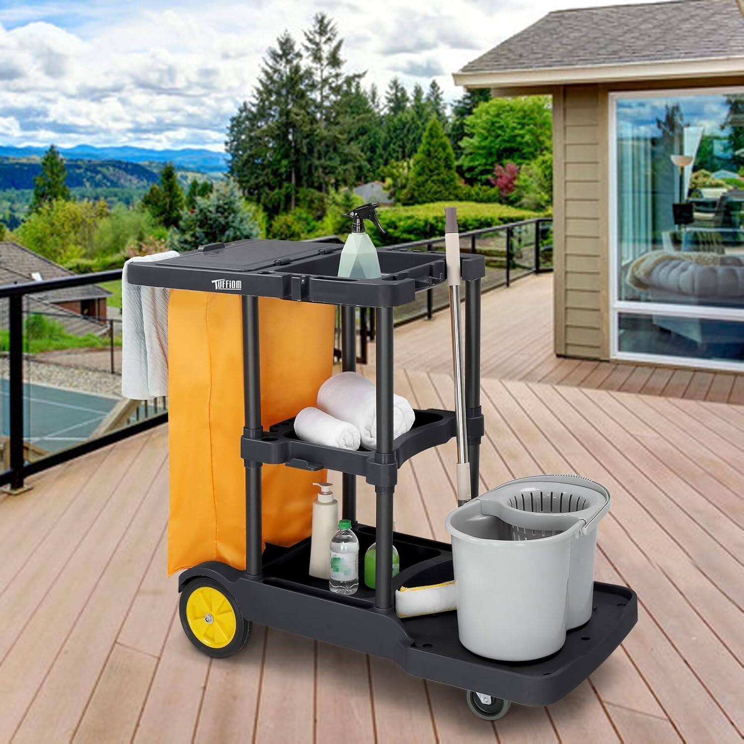 Alt View 4. Winado - Commercial Traditional Cleaning Janitorial 3-Shelf Cart 500 Lbs Capacity Housekeeping Cart w/ Yellow Vinyl Bag for Hotel - Black.