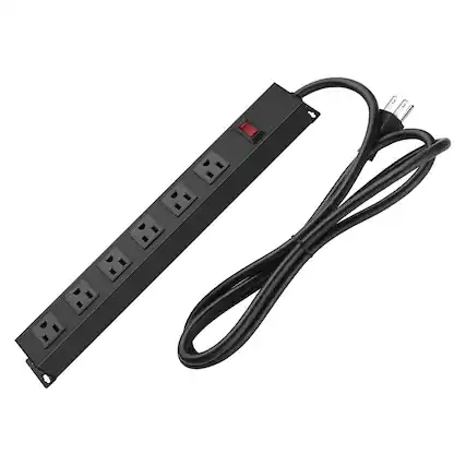 Front. Dazzed Corner - Metal Wall Mount Power Strip, 6 FT Power Cord - Black.