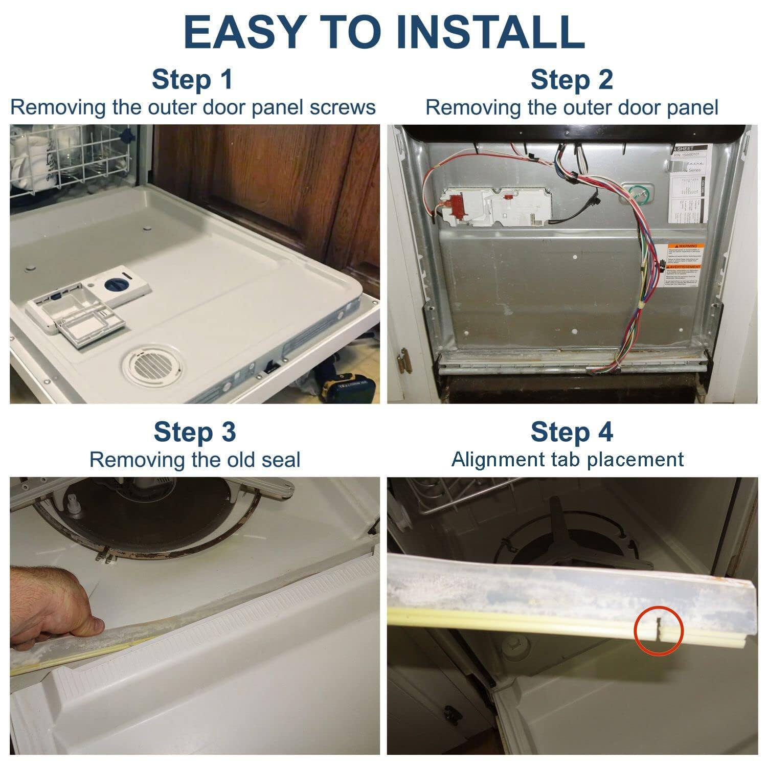 EASY TO INSTALL

Step 1  
Removing the outer door panel screws

Step 2  
Removing the outer door panel

Step 3  
Removing the old seal

Step 4  
Alignment tab placement