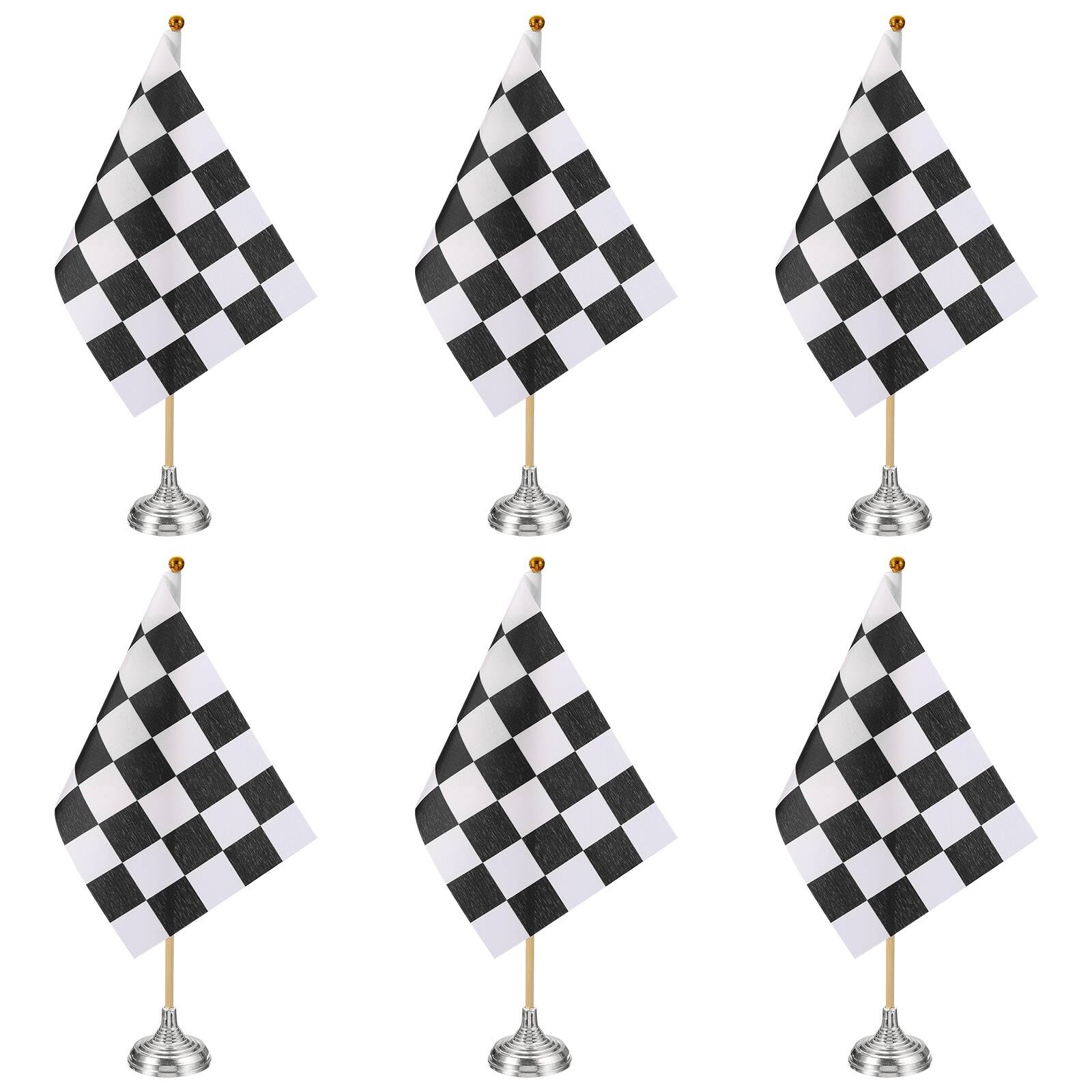 Front. Unique Bargains - 6pcs 12" B/W Checkered Table Flag for Racing/Sport Party, Bamboo Stick & Silver Round Base - Black and White Flag, Silver Base.