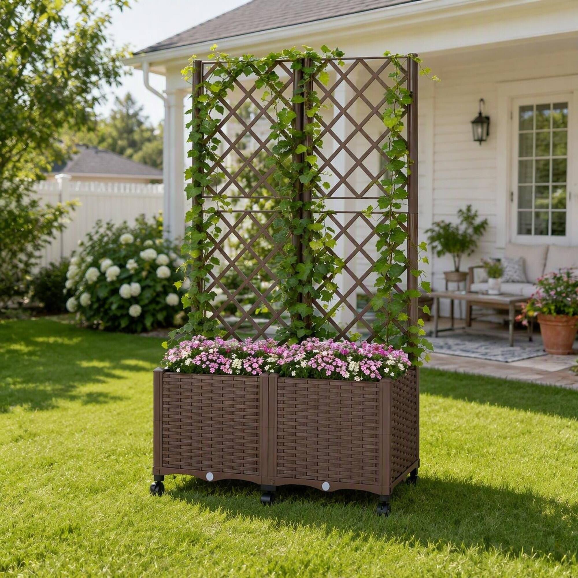 Alt View 1. RYHNUYNE - Mobile Raised Garden Bed with Trellis and Self-Watering Reservoir, Wicker Brown PP Plastic Planter on Wheels - Brown.
