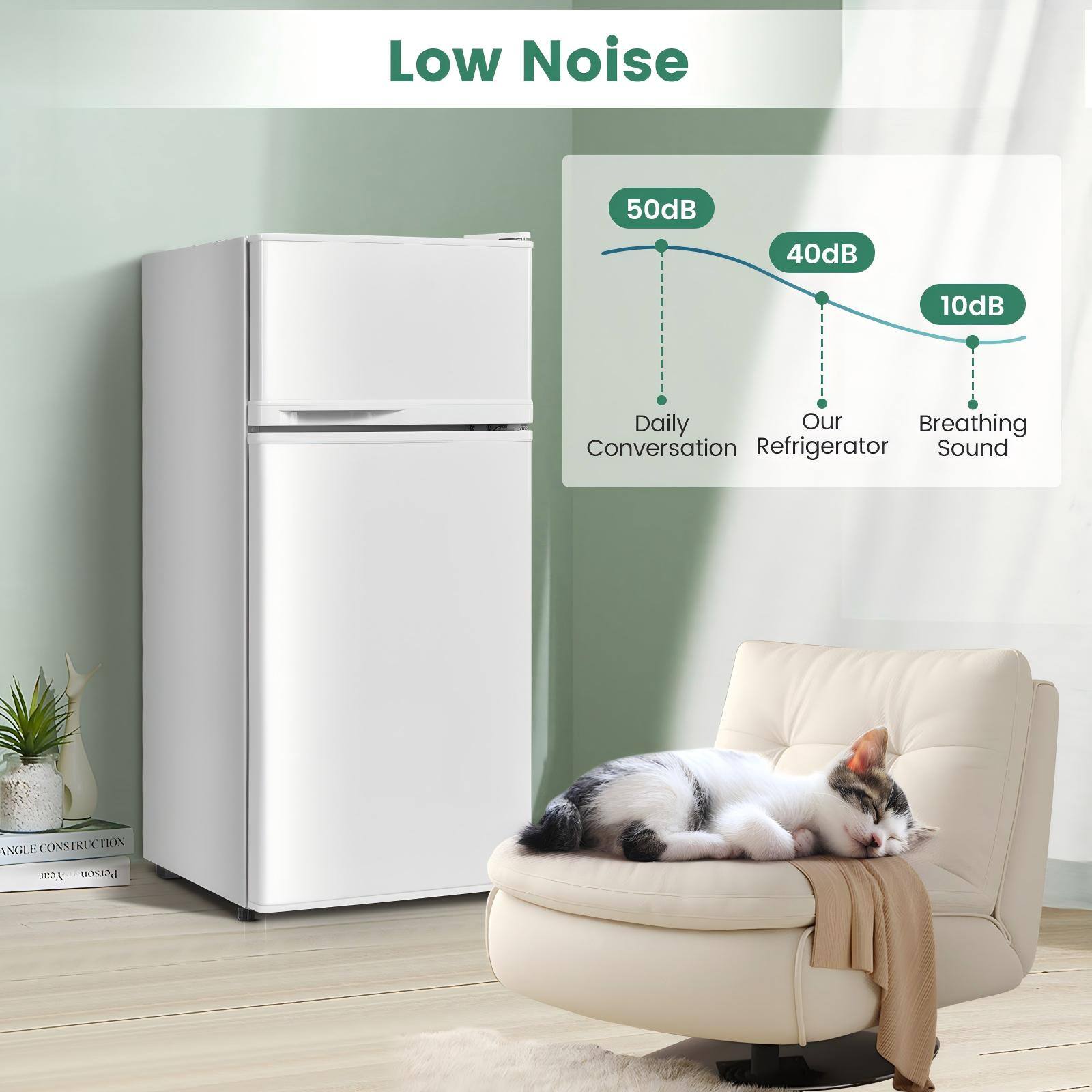 Low Noise

50dB  
40dB  
10dB

Daily Conversation  
Our Refrigerator Sound  
Breathing Sound

CONSTRUCTION  
ANGLE