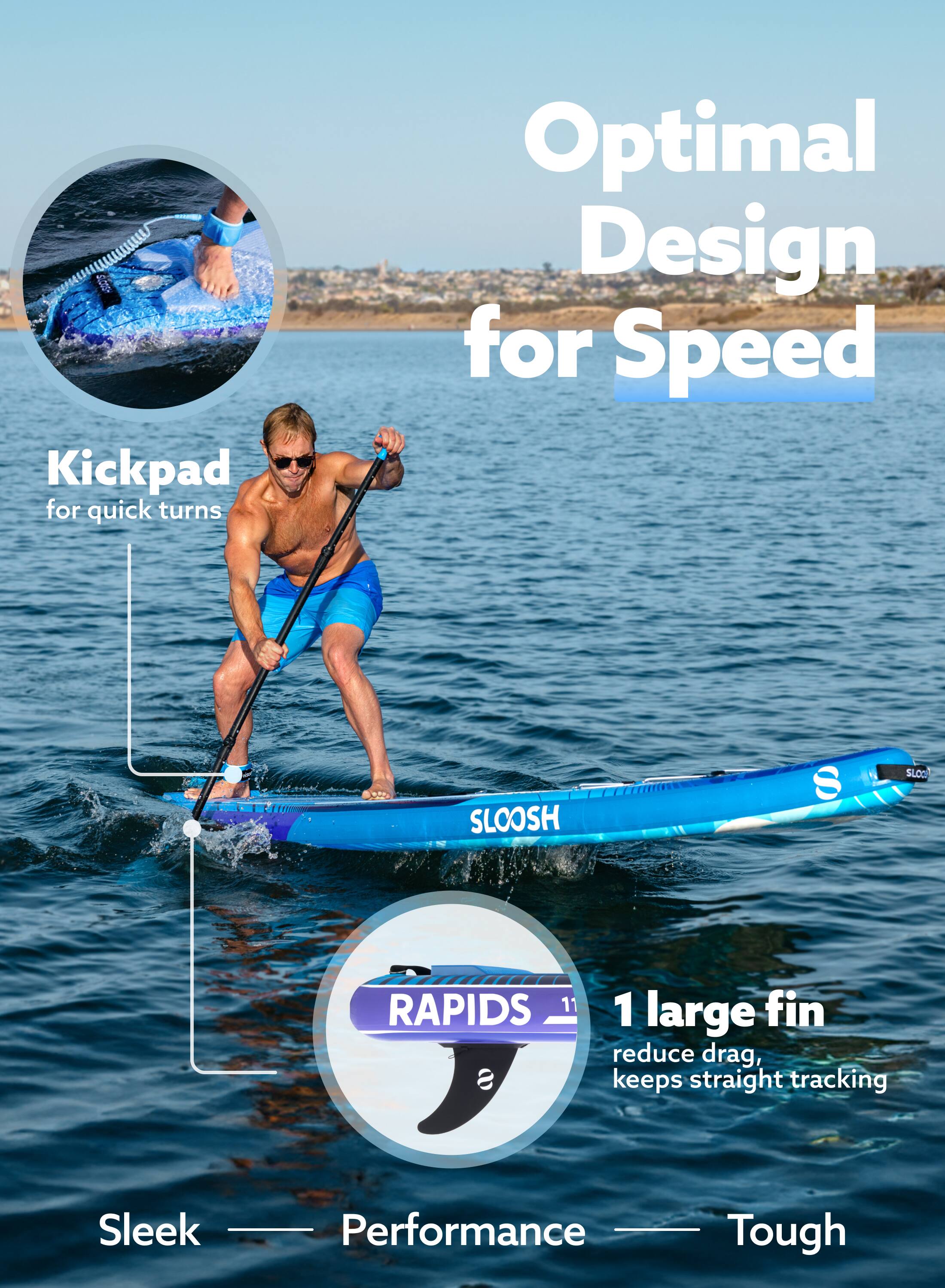Optimal Design for Speed

Kickpad for quick turns

1 large fin reduce drag, keeps straight tracking

Sleek Performance Tough