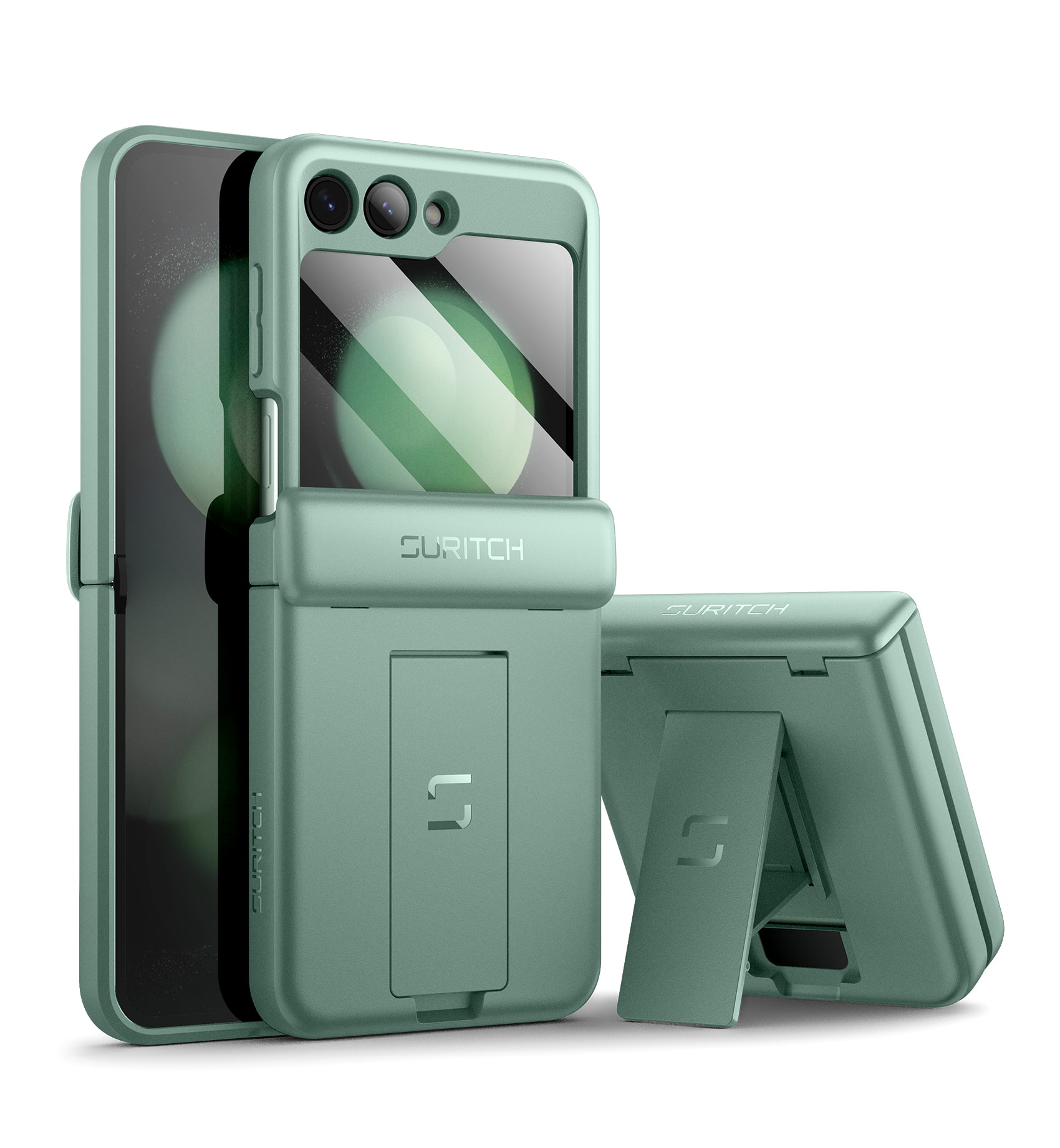 SURITCH - Case for Samsung Galaxy Z Flip 5 with Screen Protector & Kickstand, Hinge Protection, Full-Body Shockproof Cover - Green