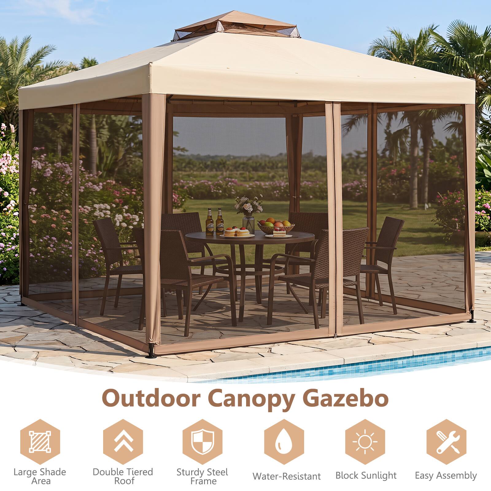 Outdoor Canopy Gazebo

Large Shade Area
Double Tiered Roof
Sturdy Steel Frame
Water-Resistant
Block Sunlight
Easy Assembly