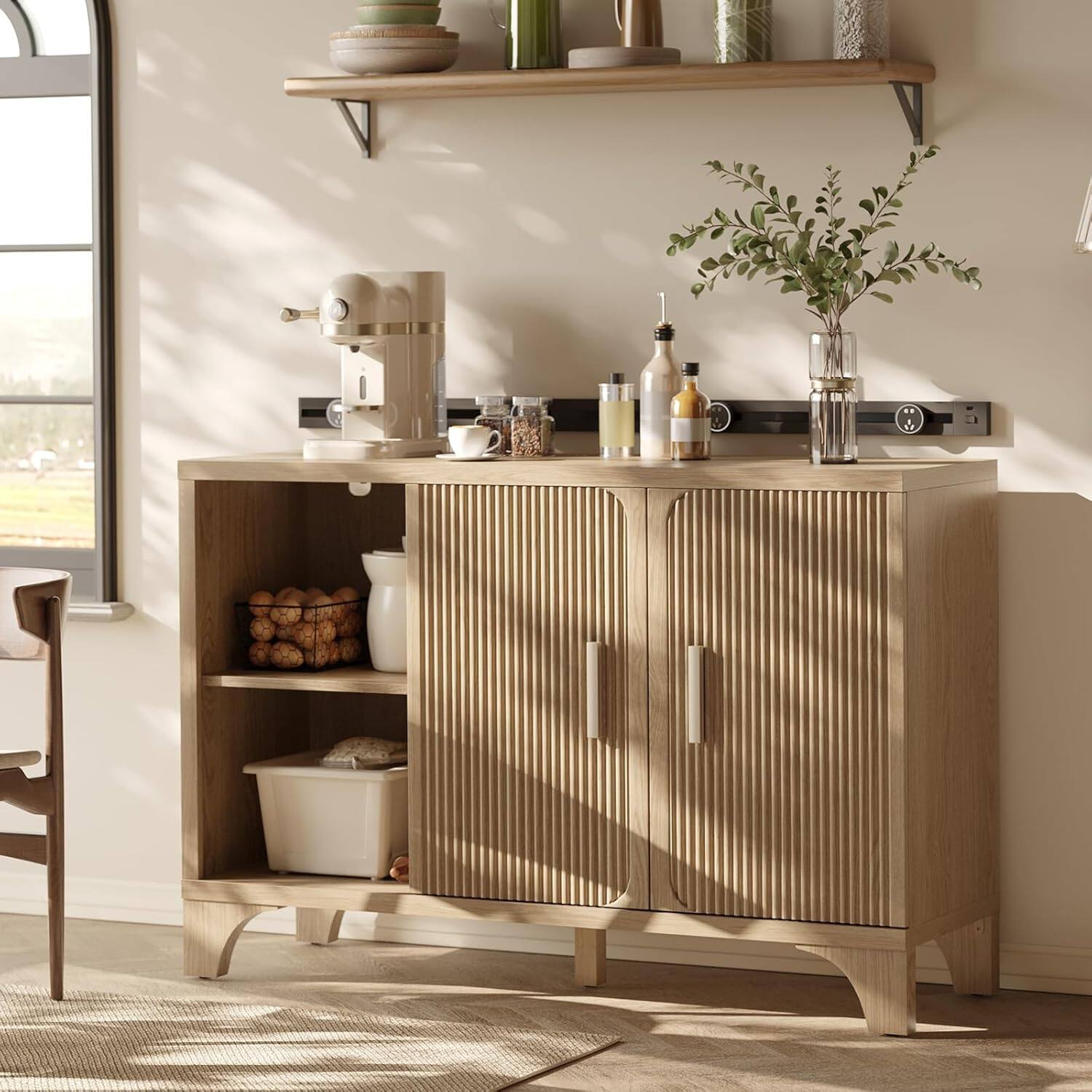 Alt View 4. HONGGE - Mid Century Modern Buffet Cabinet with Fluted Doors and Spacious Storage - Brown.