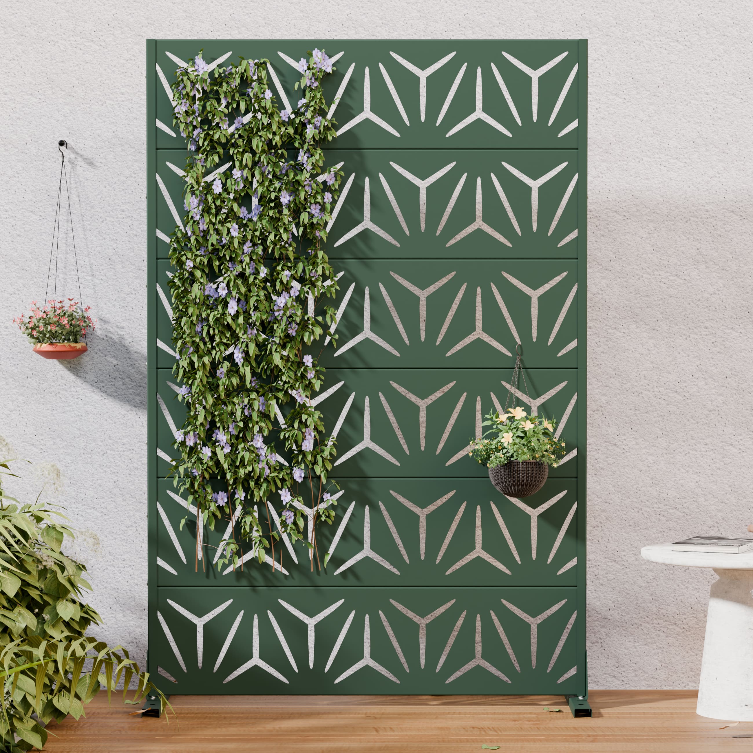 PexFix - Outdoor Privacy Screen Freestanding Metal Privacy Divider with Geometric Cutouts All-Weather Decorative Screen - Dark Green