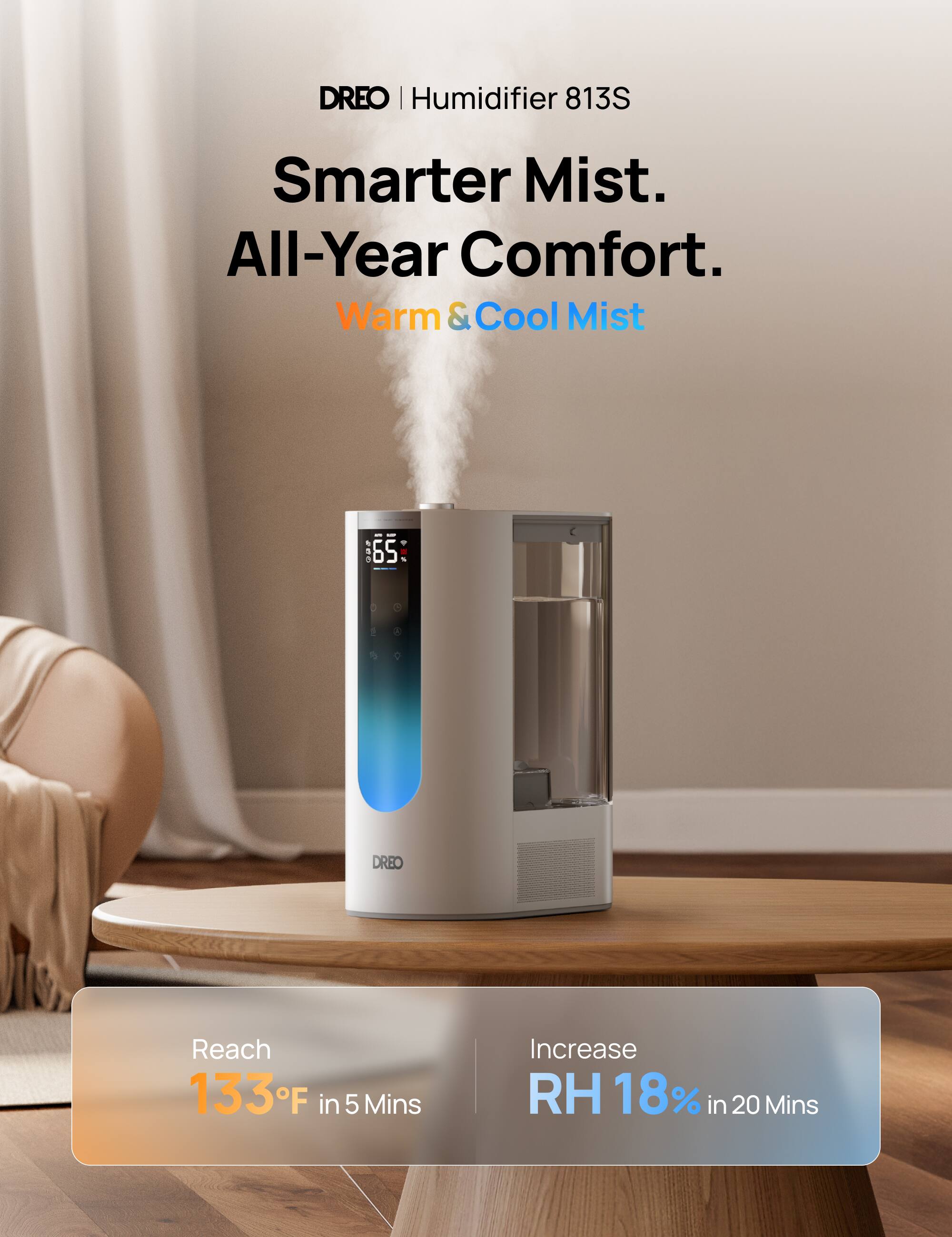 DREO | Humidifier 813S

Smarter Mist.  
All-Year Comfort.  
Warm & Cool Mist

Reach 133°F in 5 Mins  
Increase RH 18% in 20 Mins