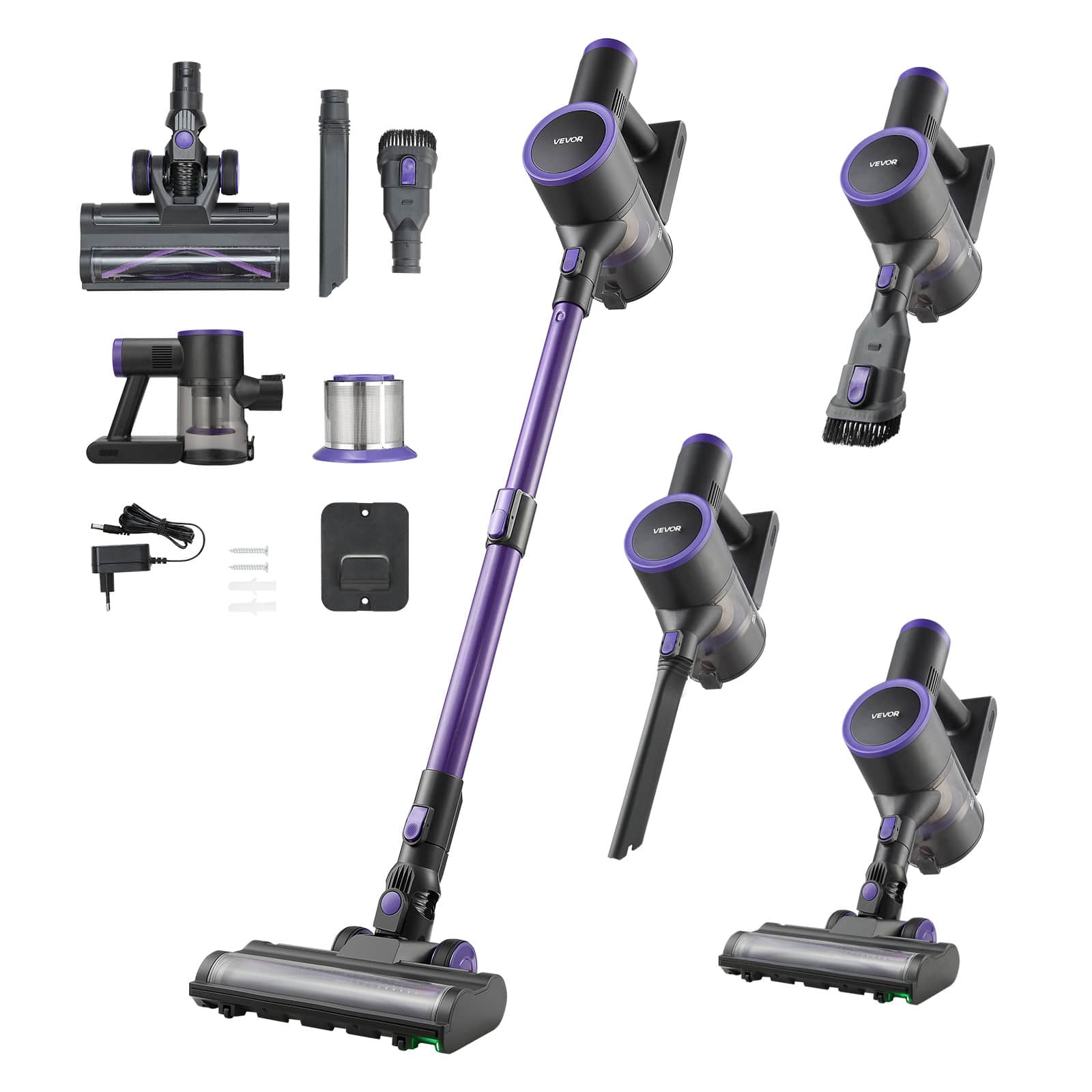 VEVOR - Cordless Vacuum Cleaner, 25KPA Max Powerful Suction, Rechargeable Anti-Tangle Stick Vacuum with Dust Cup - Purple + black