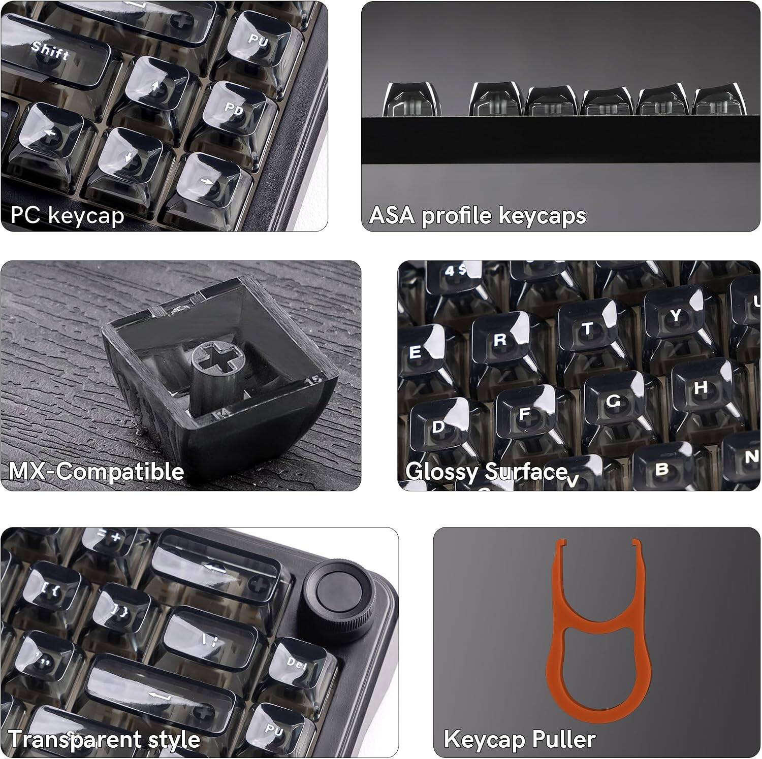 Shift PU PD PC keycap ASA profile keycaps 4 $ E R T Y L D F G H MX-Compatible Glossy Surface, N I { Del Transparent style PU Keycap Puller