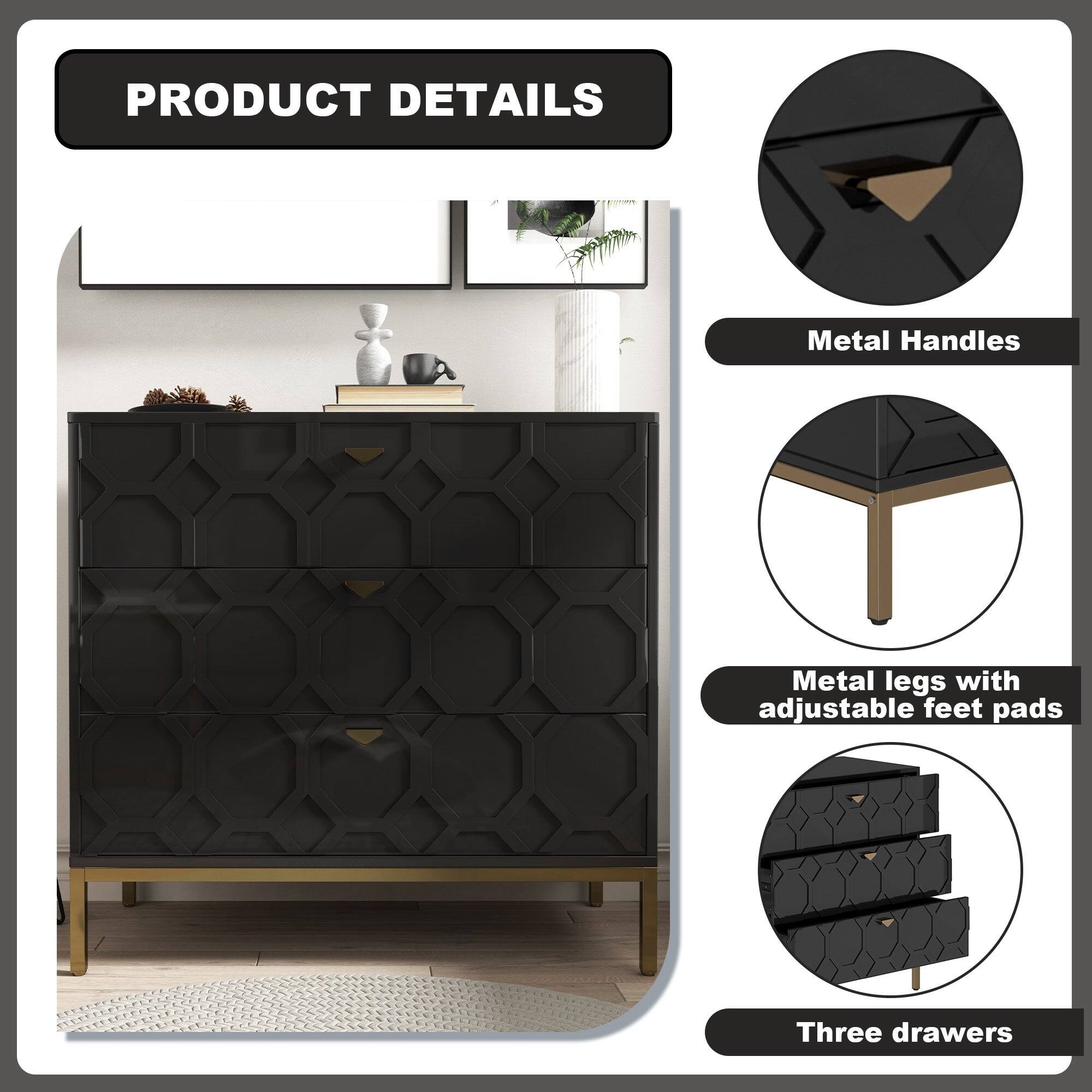 PRODUCT DETAILS

- Metal Handles
- Metal legs with adjustable feet pads
- Three drawers