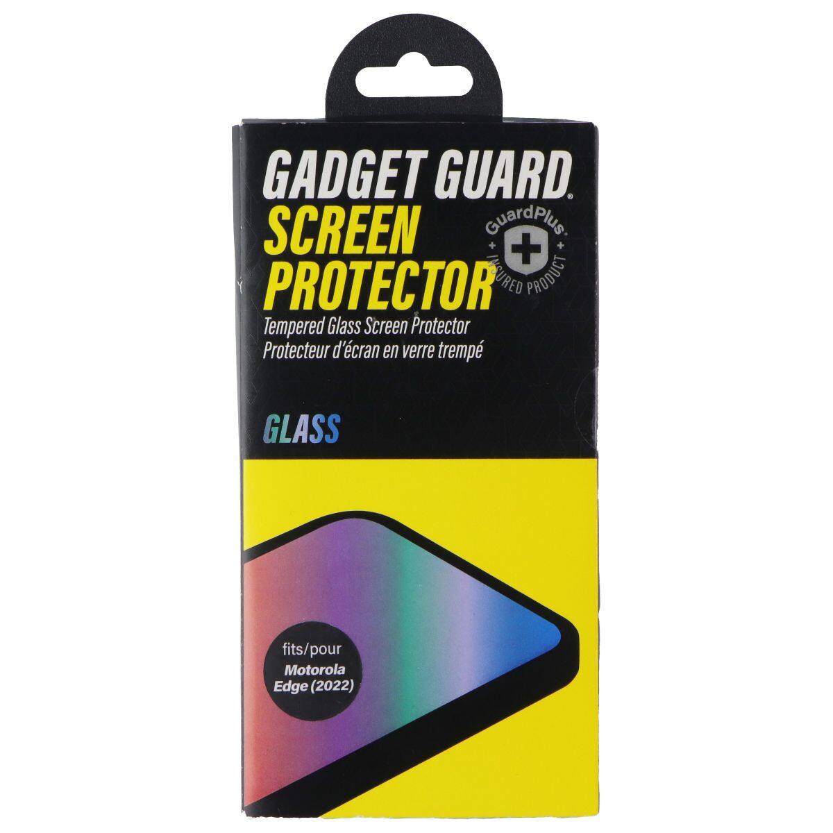 GADGET GUARD. SCREEN PROTECTOR. GuardPlus. + + * PROTECTED PRODUCT. Tempered Glass Screen Protector. Protecteur d'écran en verre trempé. GLASS. fits/pour Motorola Edge (2022)