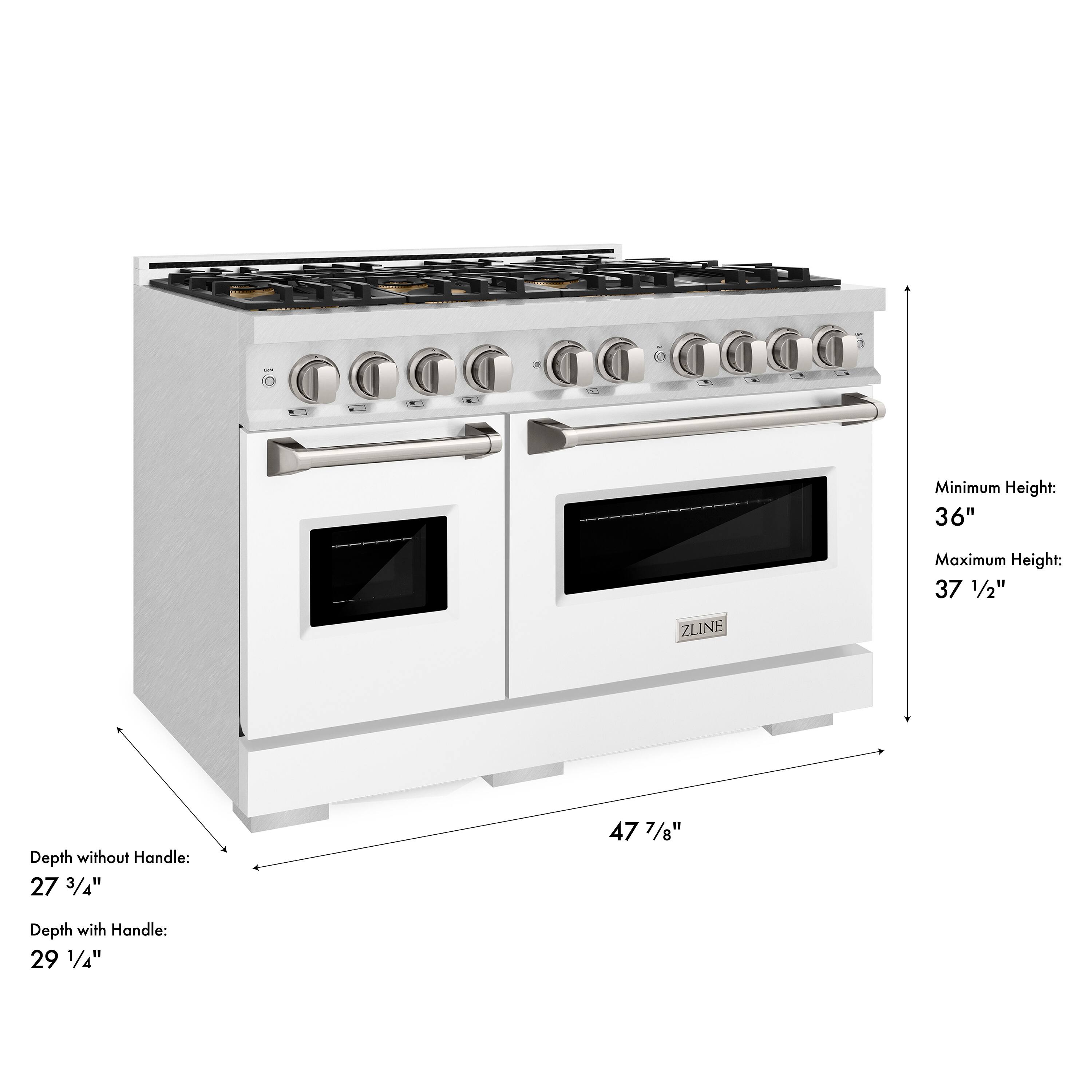 OOC CG 000O

Minimum Height: 36"  
Maximum Height: 37 1/2"  

ZLINE  
Depth without Handle: 27 3/4"  
Depth with Handle: 29 1/4"  
47 7/8"