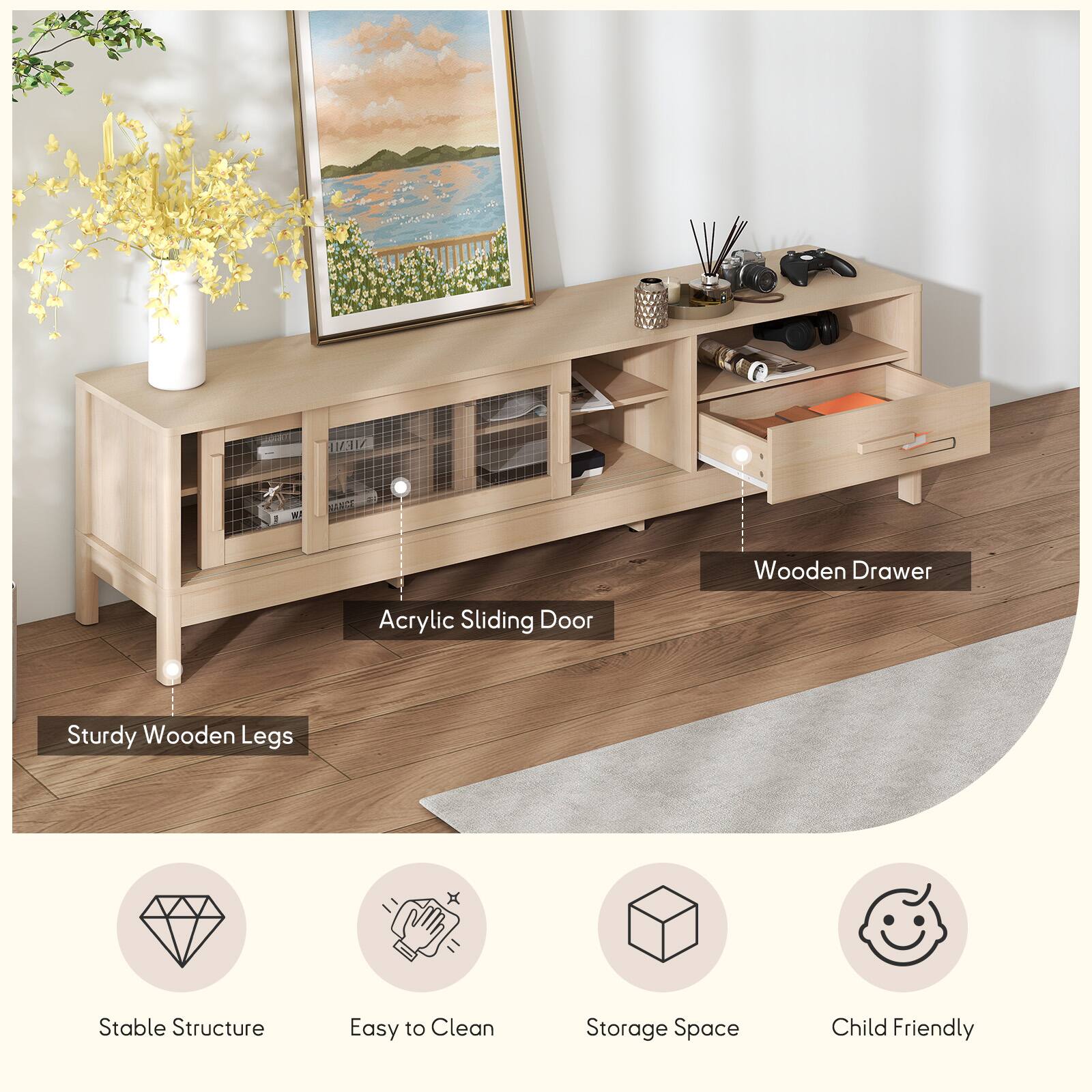 MEME Wooden Drawer Acrylic Sliding Door Sturdy Wooden Legs x Stable Structure Easy to Clean Storage Space Child Friendly