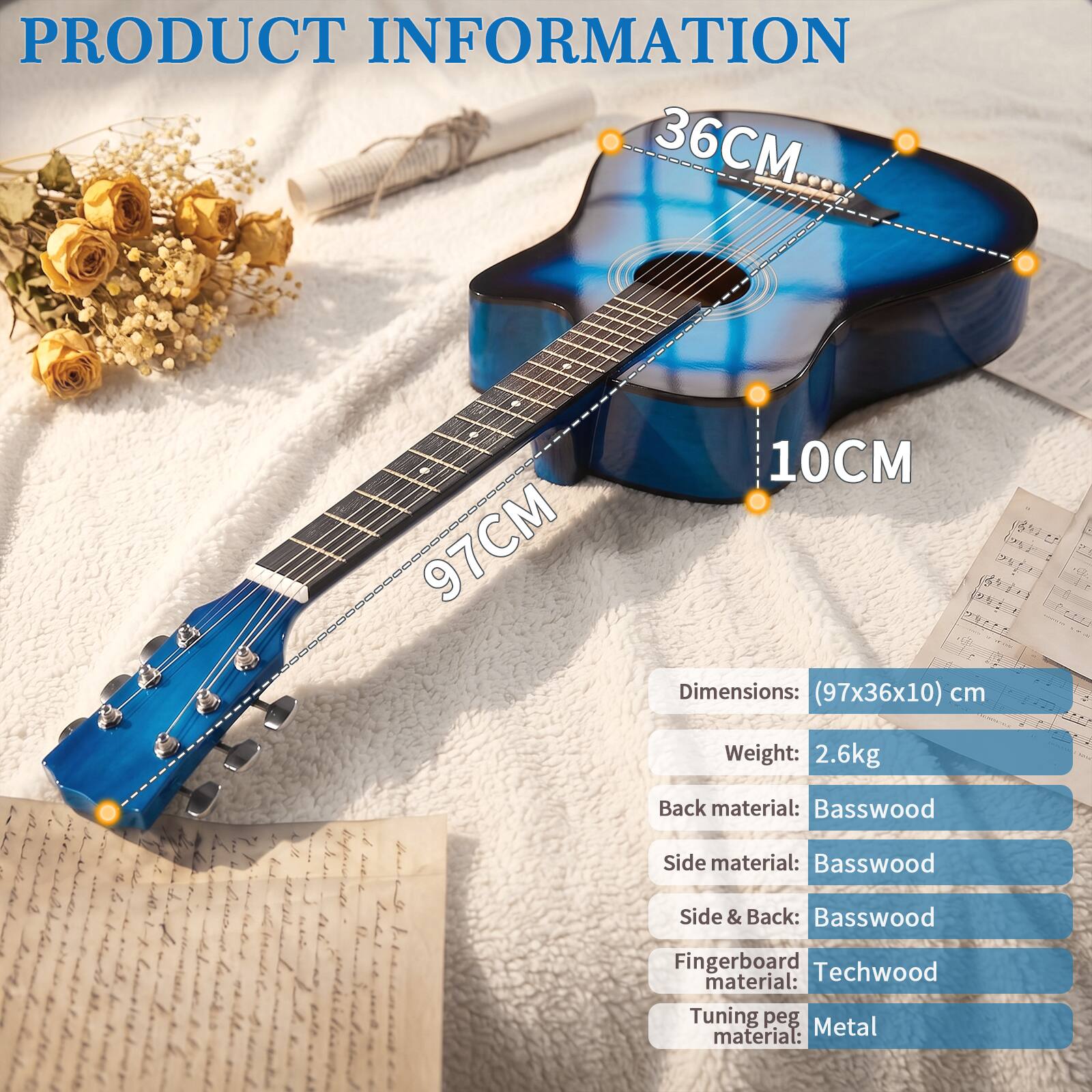 PRODUCT INFORMATION

Dimensions: (97x36x10) cm  
Weight: 2.6kg  
Back material: Basswood  
Side material: Basswood  
Side & Back: Basswood  
Fingerboard material: Techwood  
Tuning peg material: Metal