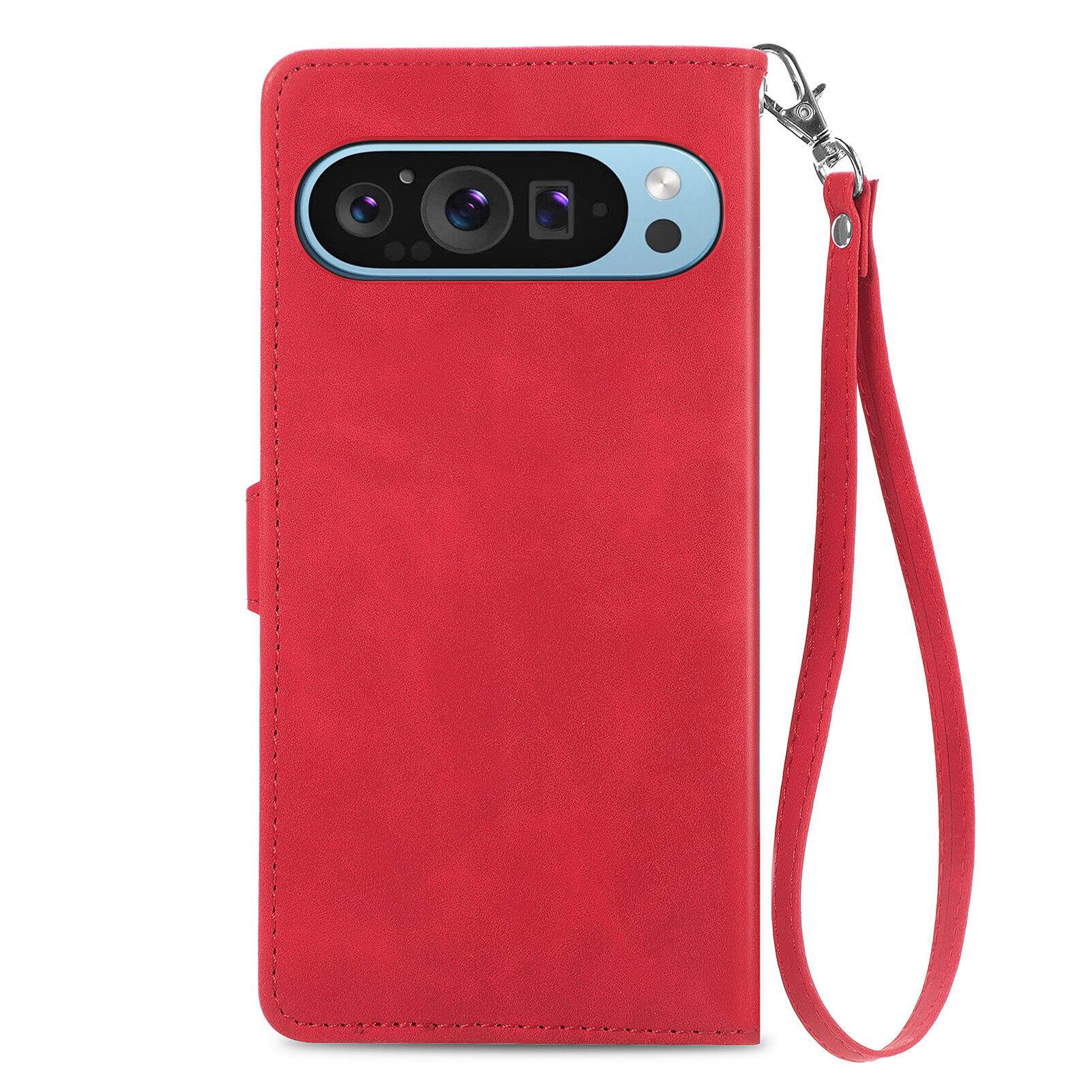 Angle. Dteck - for Google Pixel 10 Pro XL/9 Pro XL Wallet Case,Shockproof PU Leather Card Holder Cover with Zipper Pocket & Wrist Strap - Red.