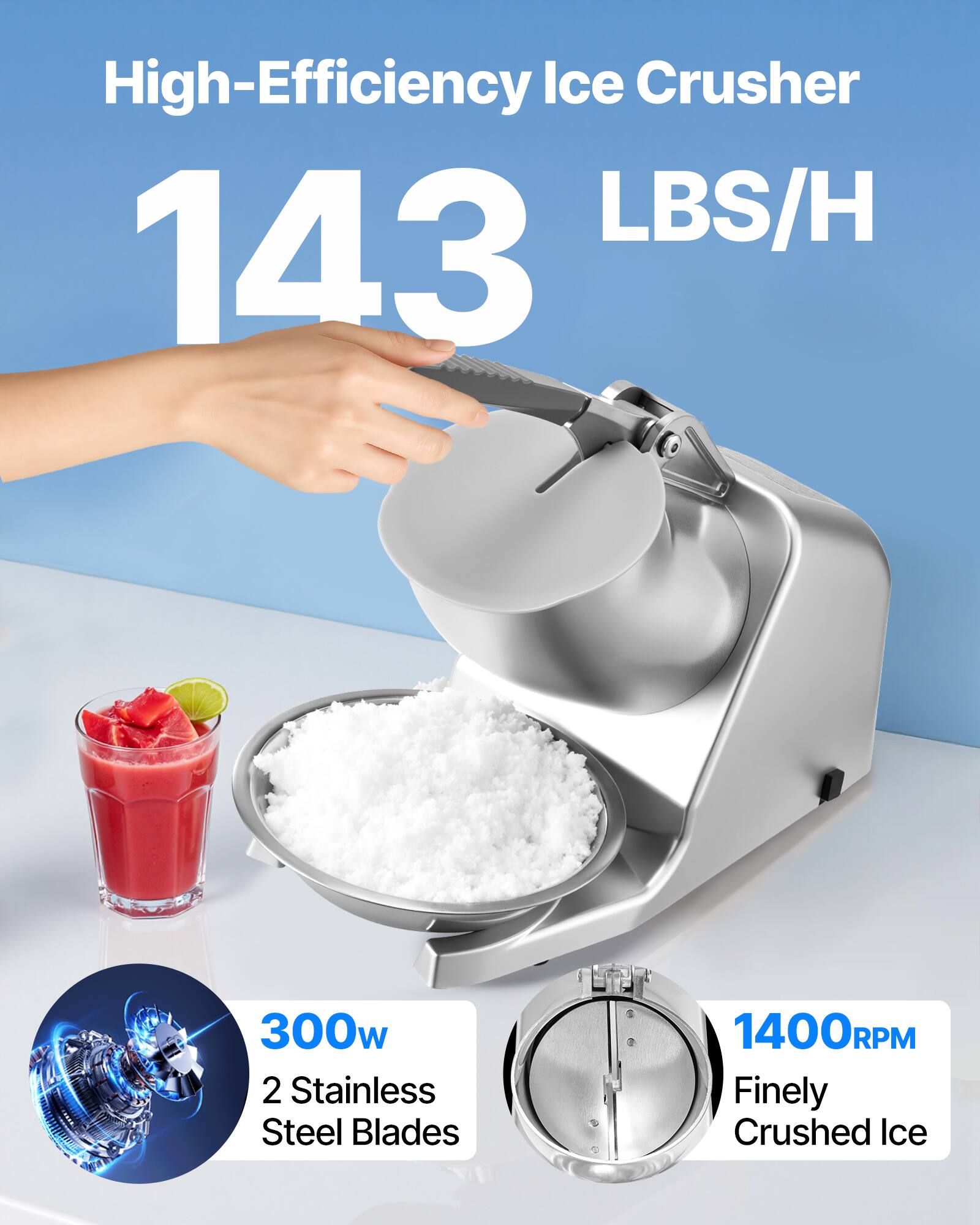 High-Efficiency Ice Crusher 143 LBS/H 300w 2 Stainless Steel Blades 1400RPM Finely Crushed Ice