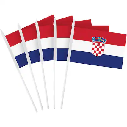 Front. G128 - 12-Pack Handheld Croatia Flags, 4x6 in, 150D Polyester with Solid Plastic Stick and White Spear Tip. - Assorted Colors.