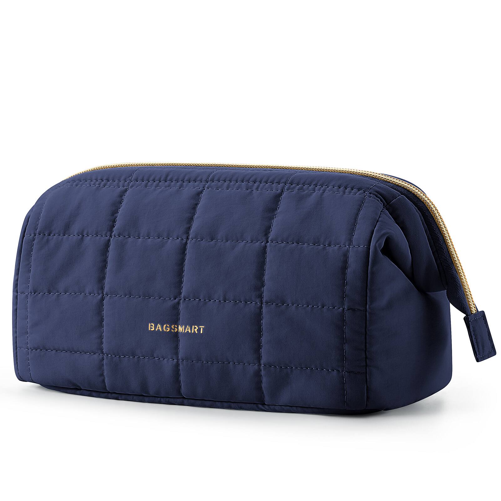 Angle. Bagsmart - Wide-open Makeup Bag Cosmetic Pouch Organizer Travel Toiletry Bag Essentials Accessories for Women Girls - Navy Blue.