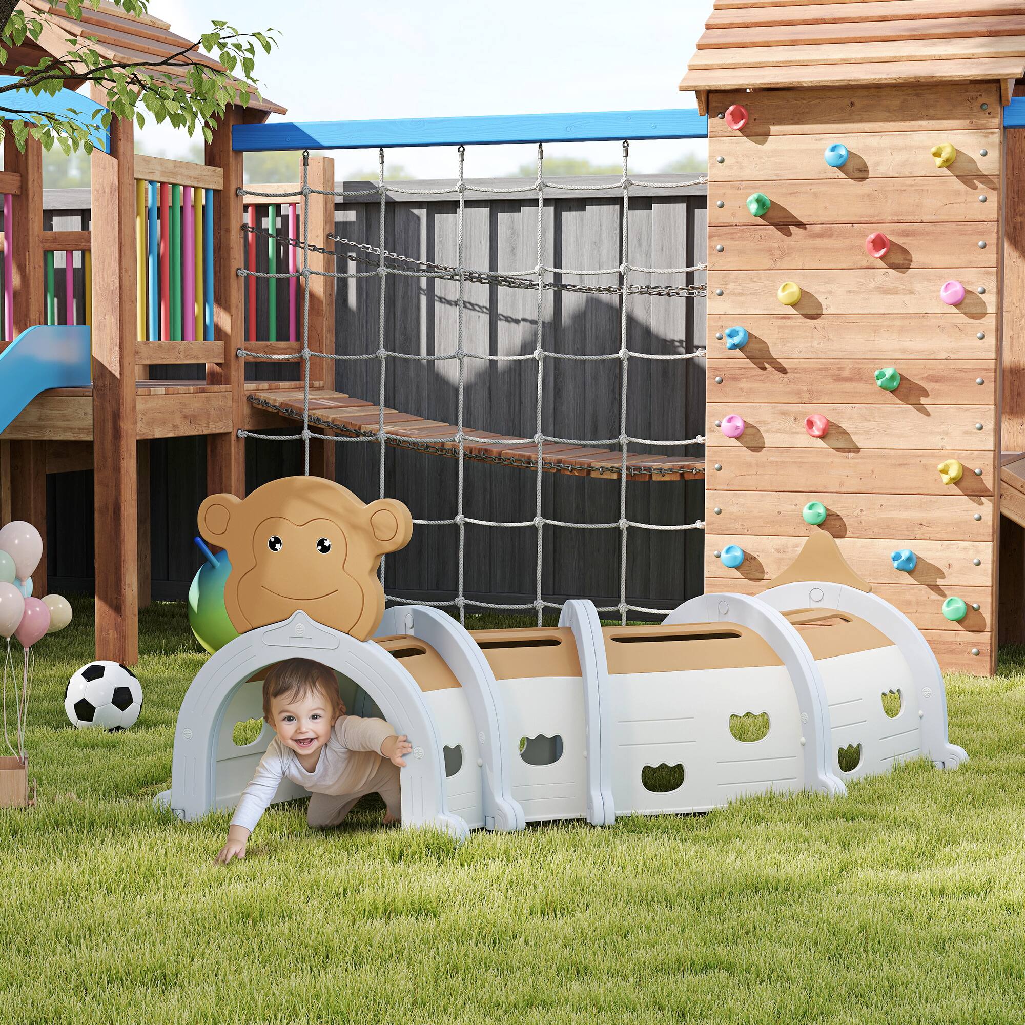 Angle. Qaba - Monkey Tunnel, Toddler Tunnel for Kids Crawl and Climb Through, Kids' Play Structure Indoor Outdoor, 4 Sections.