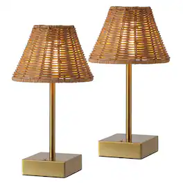 Jonathan Y - Chester 11.25" Rechargeable Table Lamp Set of 2, Bohemian with Brown Rattan Shade, Touch Dimmable for Bedroom - Brass Gold