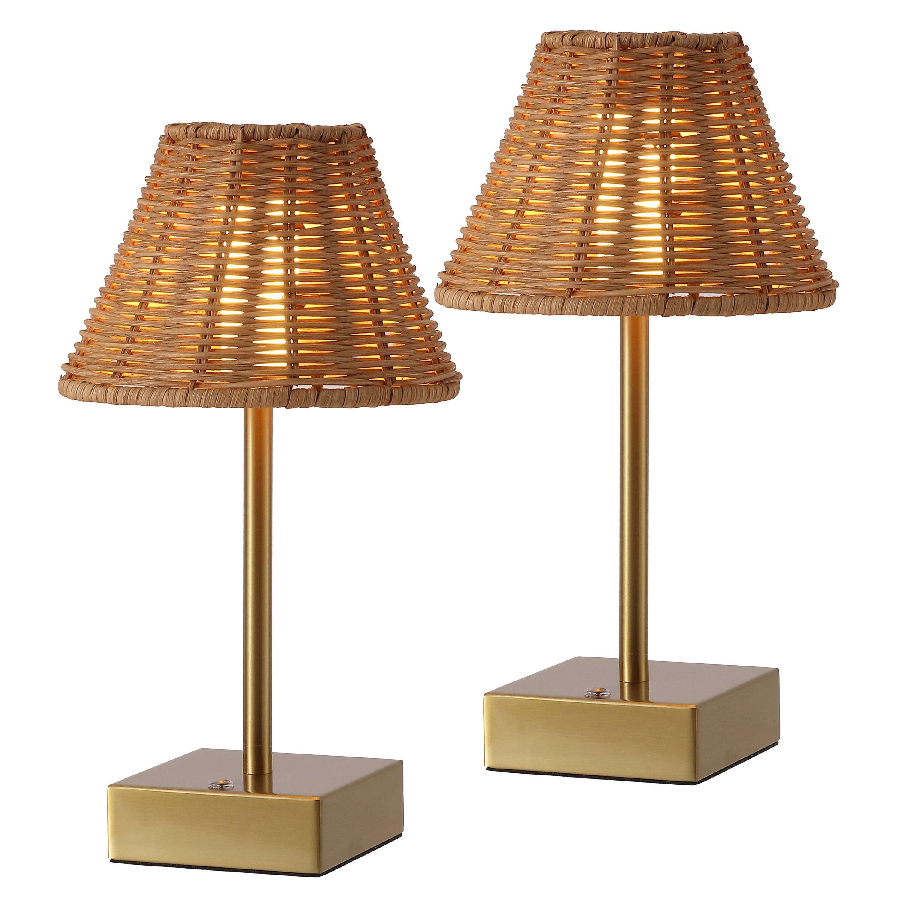 Front. Jonathan Y - Chester 11.25" Rechargeable Table Lamp Set of 2, Bohemian Brass Gold with Brown Rattan Shade, Touch Dimmable for Bedroom - Brass Gold.