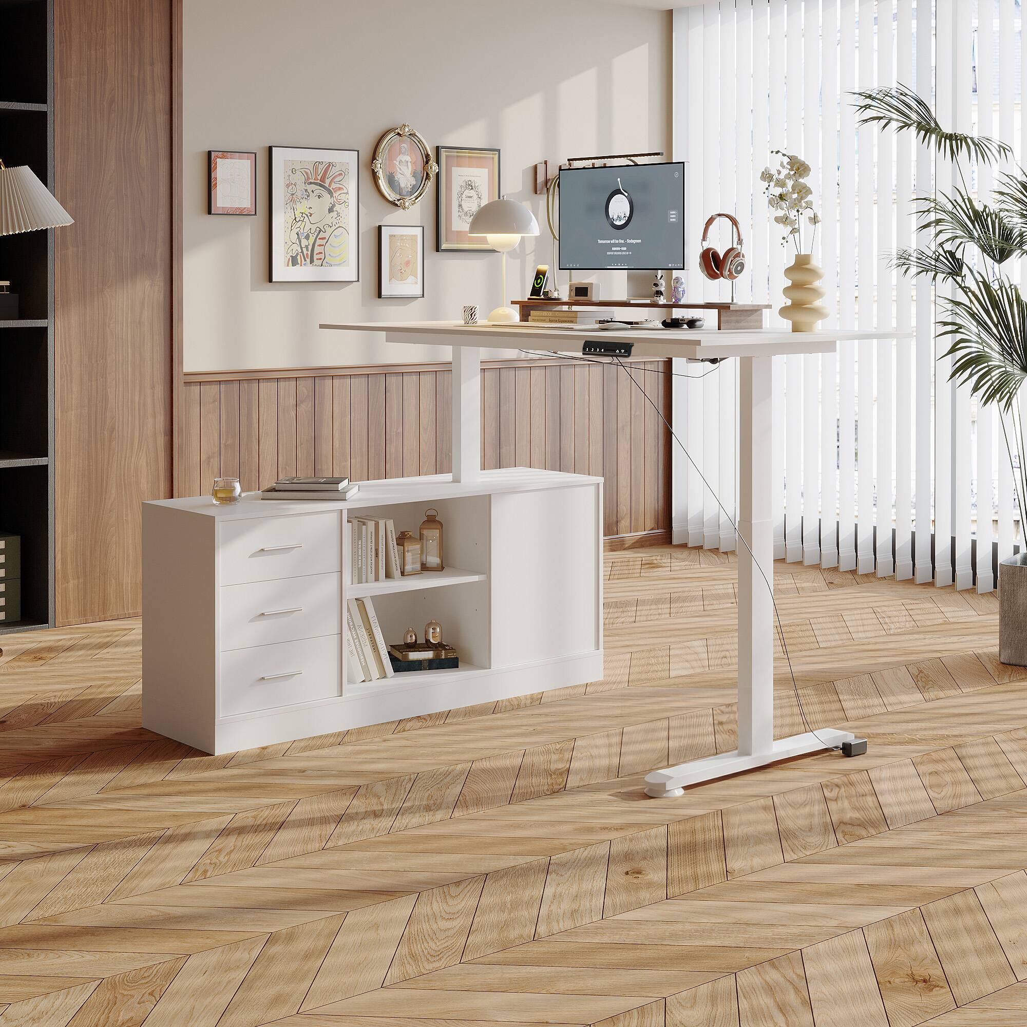 Angle. FUFU & GAGA - Electric Standing Desk with Interchangeable Storage Cabinet – 63" Sit Stand Workstation, 4 Memory Presets - White.