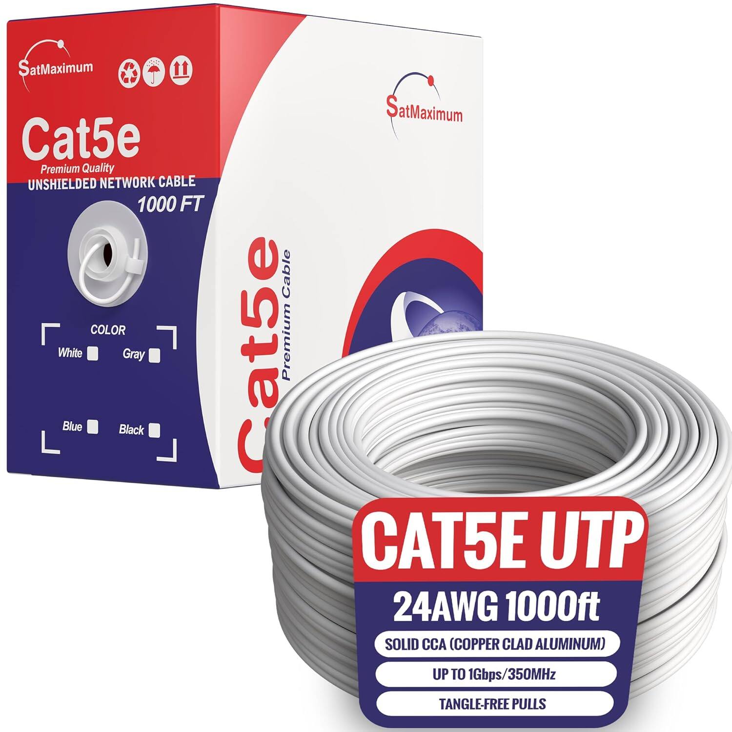 SatMaximum Cat5e Premium Quality UNSHIELDED NETWORK CABLE 1000 FT COLOR White Gray Blue Black Cable Cat5e Premium SatMaximum CAT5E UTP 24AWG 1000ft SOLID CCA (COPPER CLAD ALUMINUM) UP TO 1Gbps/350MHz TANGLE-FREE PULLS