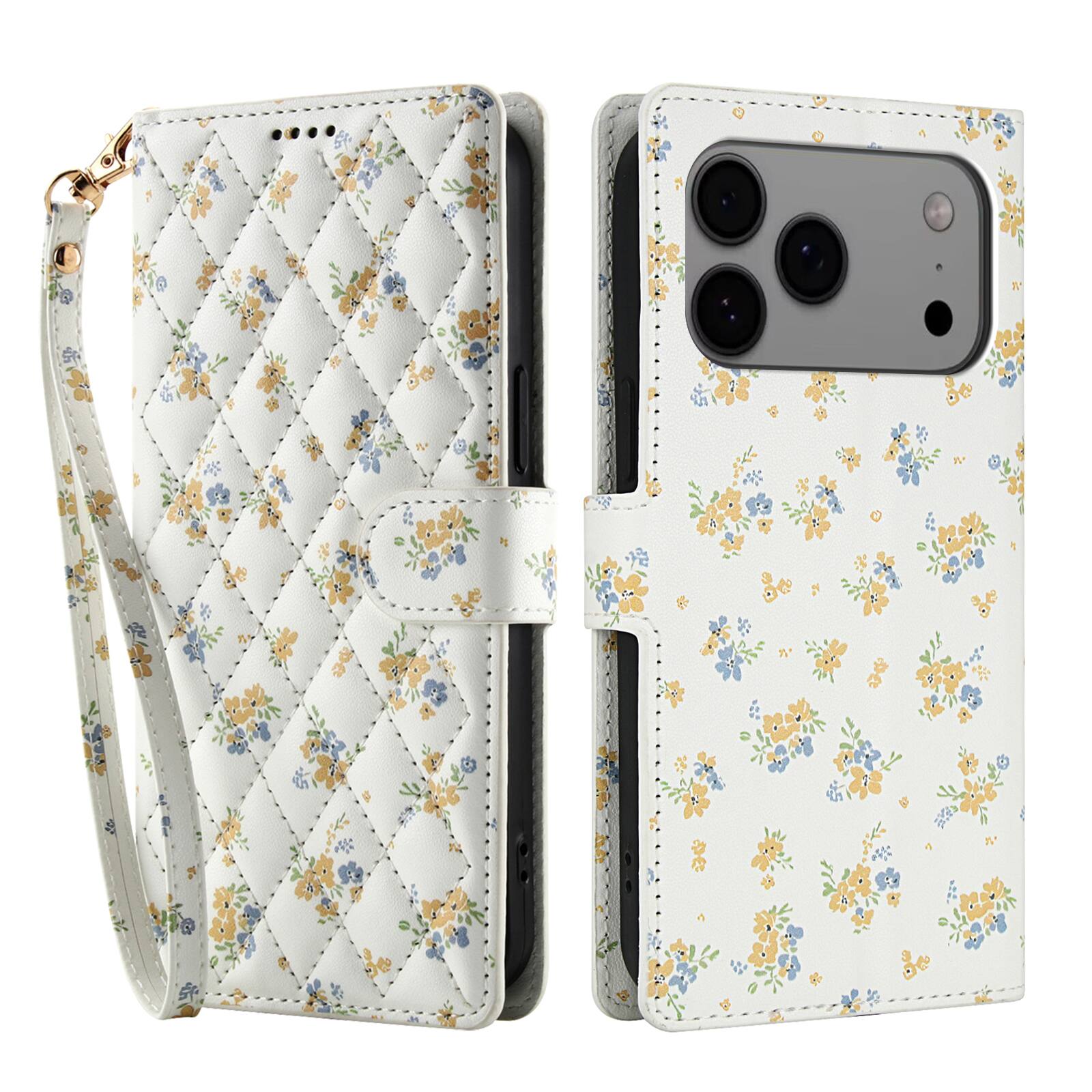 Angle. Dteck - Floral Wallet Case for Apple iPhone 17 Pro with Hand Wrist Strap, Premium PU Leather Shockproof Protective Flip Cover - D.
