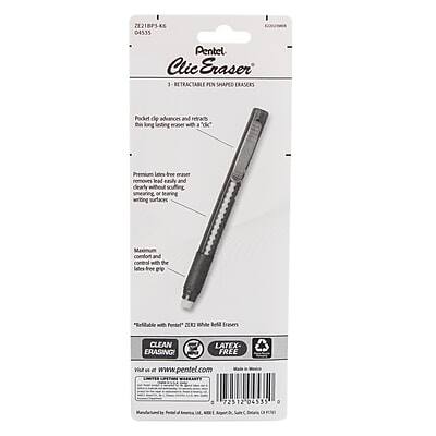 21218P3 KS 04535 Pentel Clic Eraser 1 RETRACTABLE PEN SHAPED ERASER

Podiat de advances and retracts this kong leting eraser with a "6" Premium Lens free eraser removes lead easily and cleanly without smearing or tearing surfaces. Comfort and control with the latest free d'e with Pentel.

CLEAN ERASING
LATEX-FREE

www.pentel.com

C 72512 04535 0

Made in Japan

Pentel Clic Eraser
1 RETRACTABLE PEN SHAPED ERASER

Podiat de advances and retracts this kong leting eraser with a "6" Premium Lens free eraser removes lead easily and cleanly without smearing or tearing surfaces. Comfort and control with the latest free d'e with Pentel.

CLEAN ERASING
LATEX-FREE

www.pentel.com

C 72512 04535 0