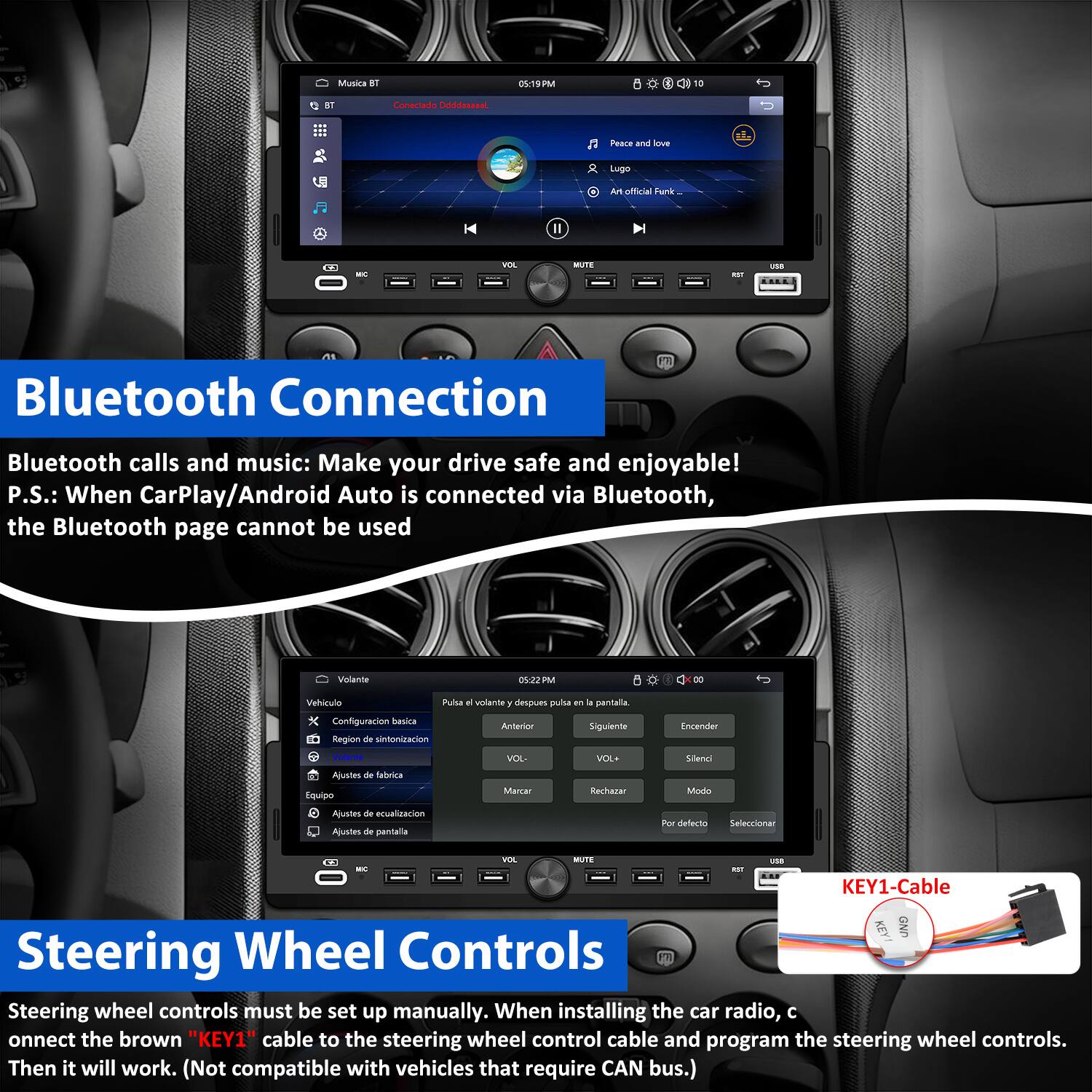 **Bluetooth Connection**

Bluetooth calls and music: Make your drive safe and enjoyable!  
P.S.: When CarPlay/Android Auto is connected via Bluetooth, the Bluetooth page cannot be used.

**Steering Wheel Controls**

Steering wheel controls must be set up manually. When installing the car radio, connect the brown "KEY1" cable to the steering wheel control cable and program the steering wheel controls. Then it will work. (Not compatible with vehicles that require CAN bus.)