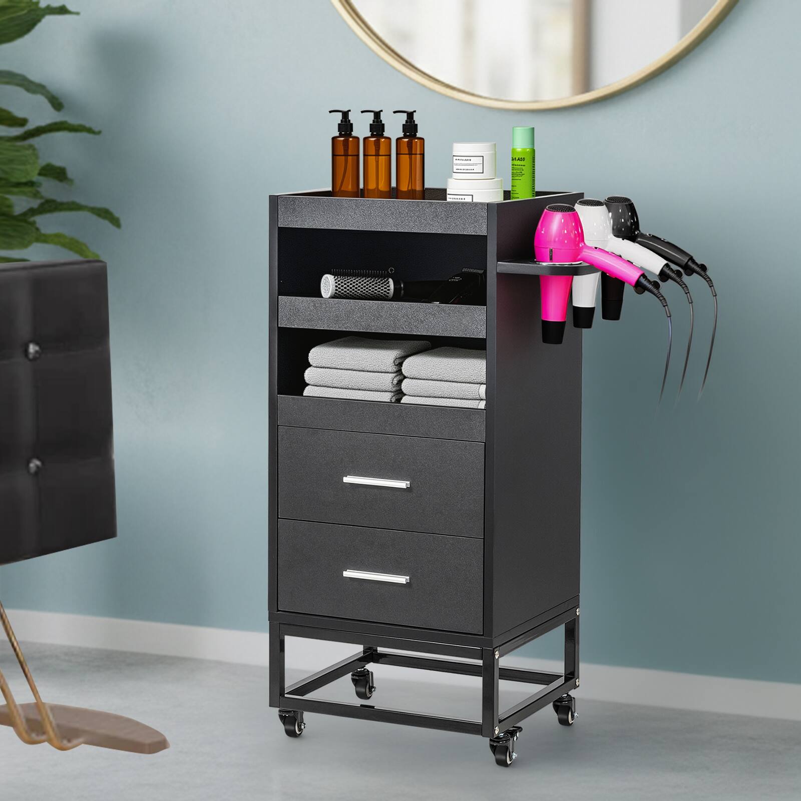 Alt View 6. Winado - Beauty Salon Trolley Cart, Rolling Hair Cart with Lockable Wheels, 2 Drawers, Ergonomic Handle - Black.