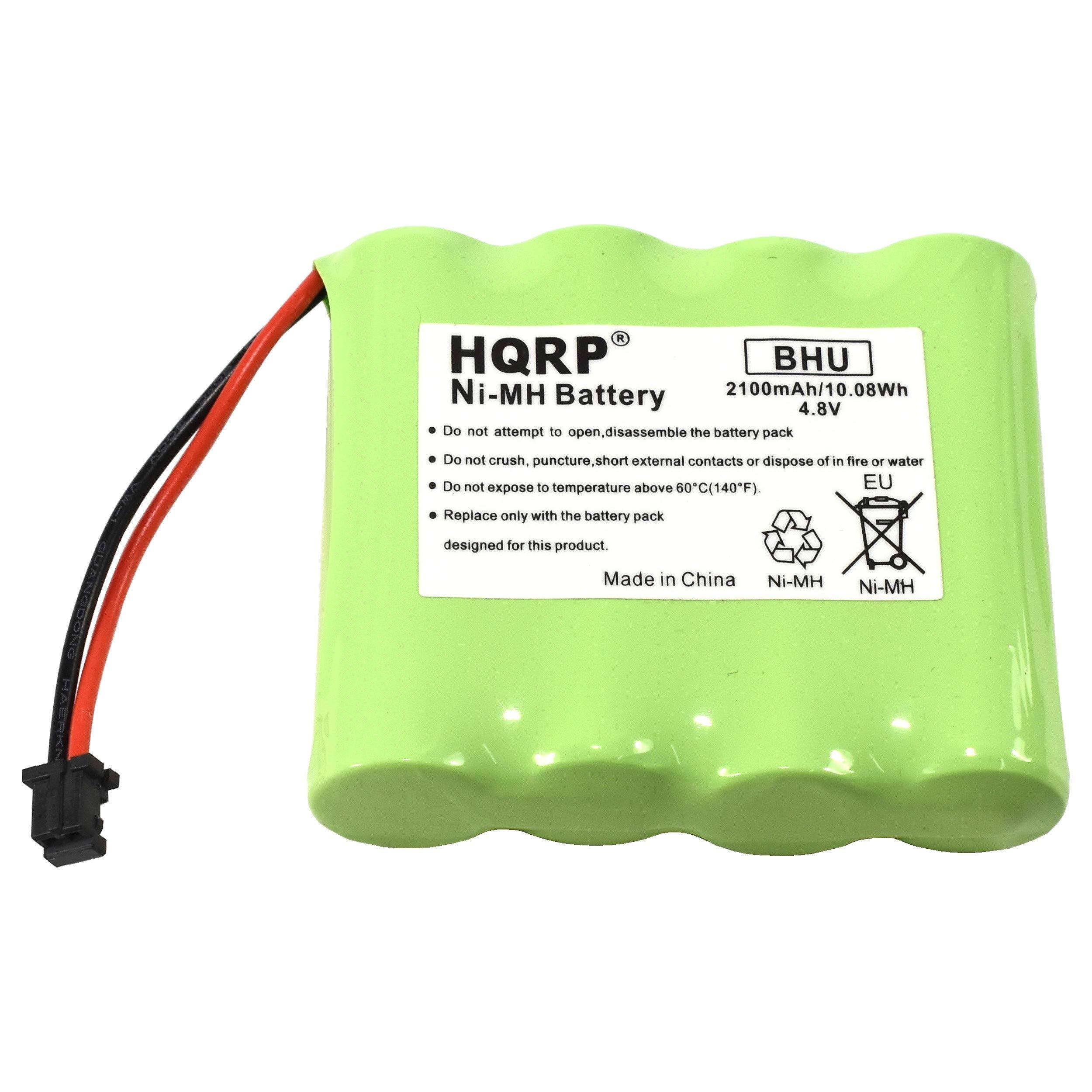 HQRP Ni-MH Battery  
2100mAh/10.08Wh  
4.8V  

Do not attempt to open, disassemble the battery pack.  
Do not crush, puncture, short external contacts or dispose of in fire or water.  
Do not expose to temperature above 60°C (140°F).  
Replace only with the battery pack designed for this product.  

Made in China  
Ni-MH  
Ni-MH  

BHU  
EU