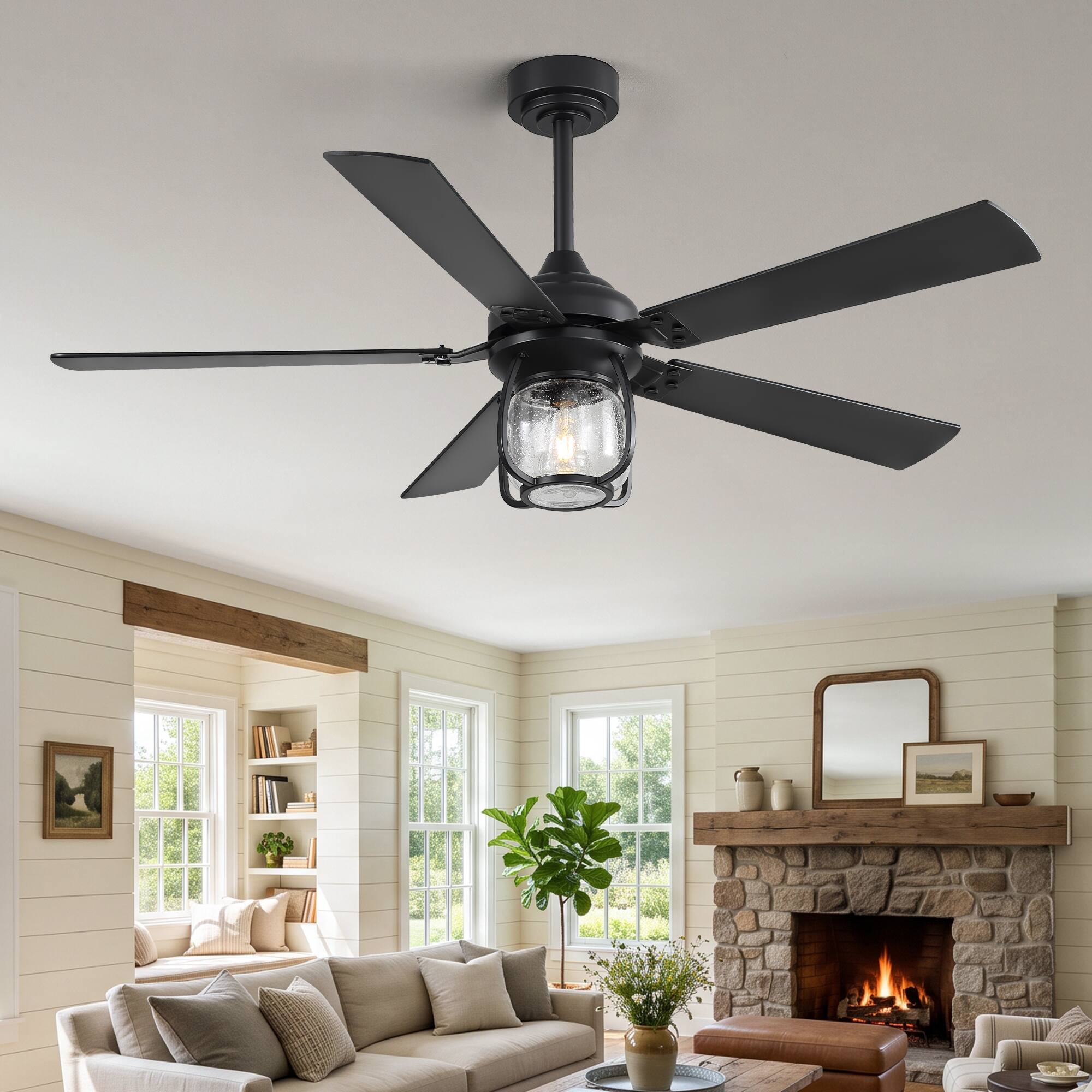 Left. Breezary - 52 Inch Ceiling Fan with Light, 5 Plywood Blades, Quiet DC Motor, Remote Control, 6 Speeds, 1/4/8H Timer - Black.
