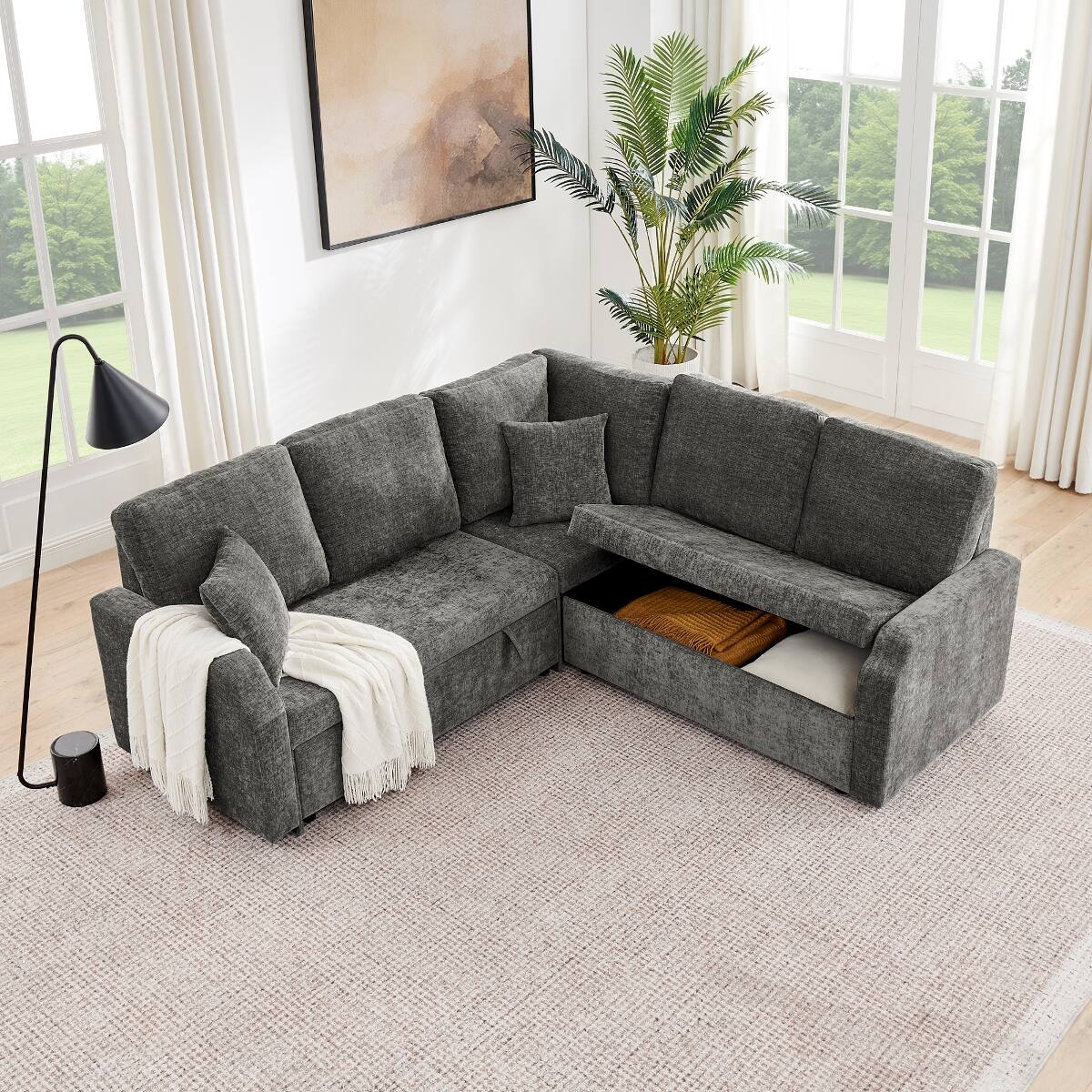 Back. Ropilly - Ropilly Dark Grey Modular Sectional Sleeper Sofa, 5 Seat L Shaped Sectional with Pull Out Bed - Dark Grey.