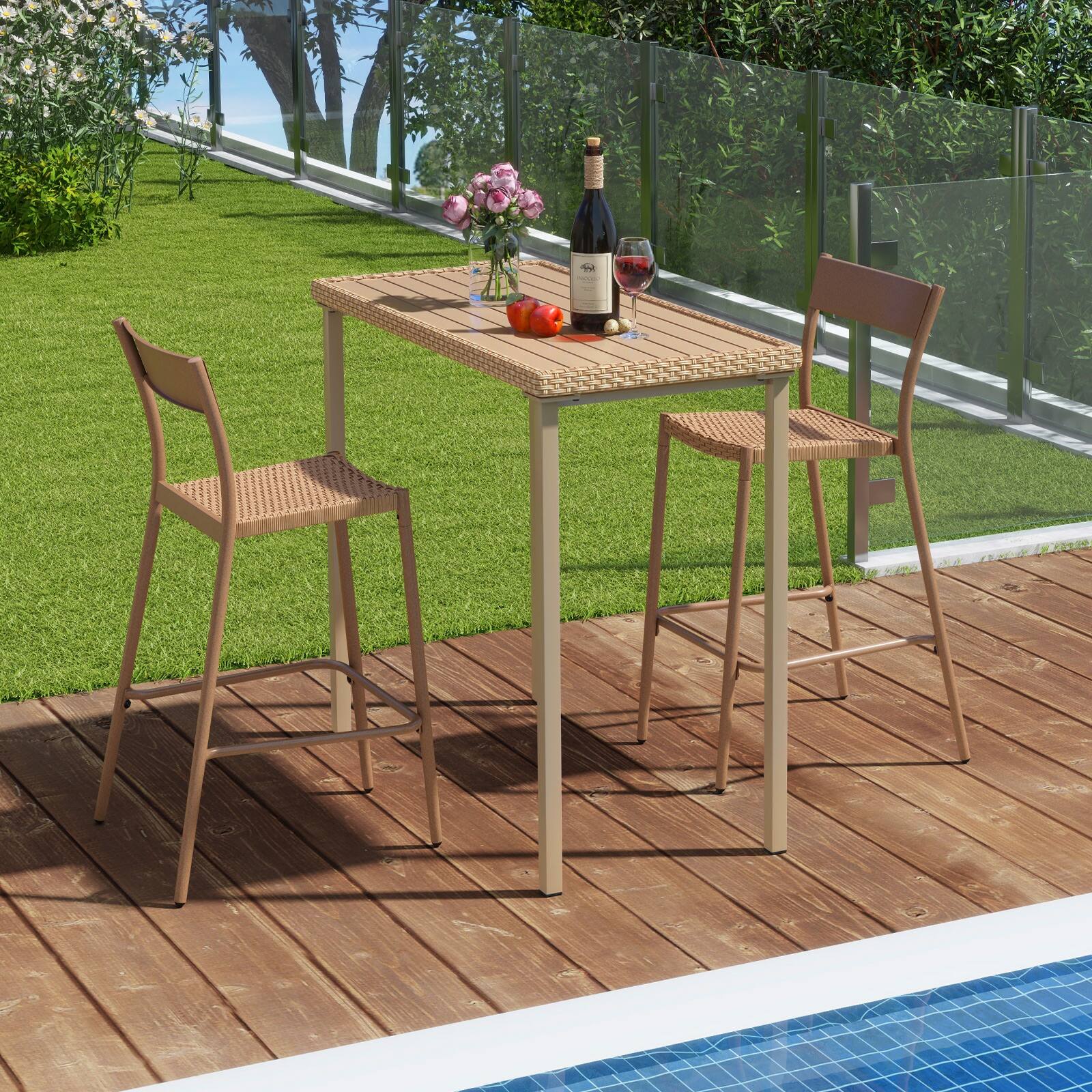 Alt View 7. Gymax - Gymax 3 Pieces Patio Bar Table Set Outdoor Bar Height Table & 2 Armless Chairs - Light Brown.