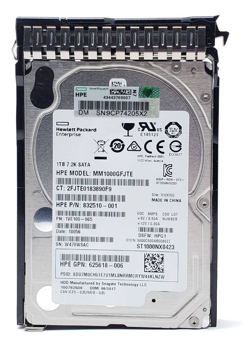 HPE KA L X N7 43443769007 DM SN9CP74205X2 2 Hewlett Packard C LR US TUV C Enterprise E145123 20 D33027 HPE, Postfach 0001 1122 Wien Austria 1TB 7.2K SATA HPE MODEL: MM1000GFJTE MSIP-REM-STX- REM ST2000NX0253 CT: 2FJTE0183890F9 Site: WUXISG MADE IN CHINA HPE P/N: 832510- 001 VDC AMPS CSO LOT PN: 1VE100-065 + 5V I 0.50A NUMBER + 12V I 0.30A Date: 18056 DSFW: HPG1 WWN: 5000C500AB0086EE SN: W470WSAC ST1000NX0423 HPE GPN