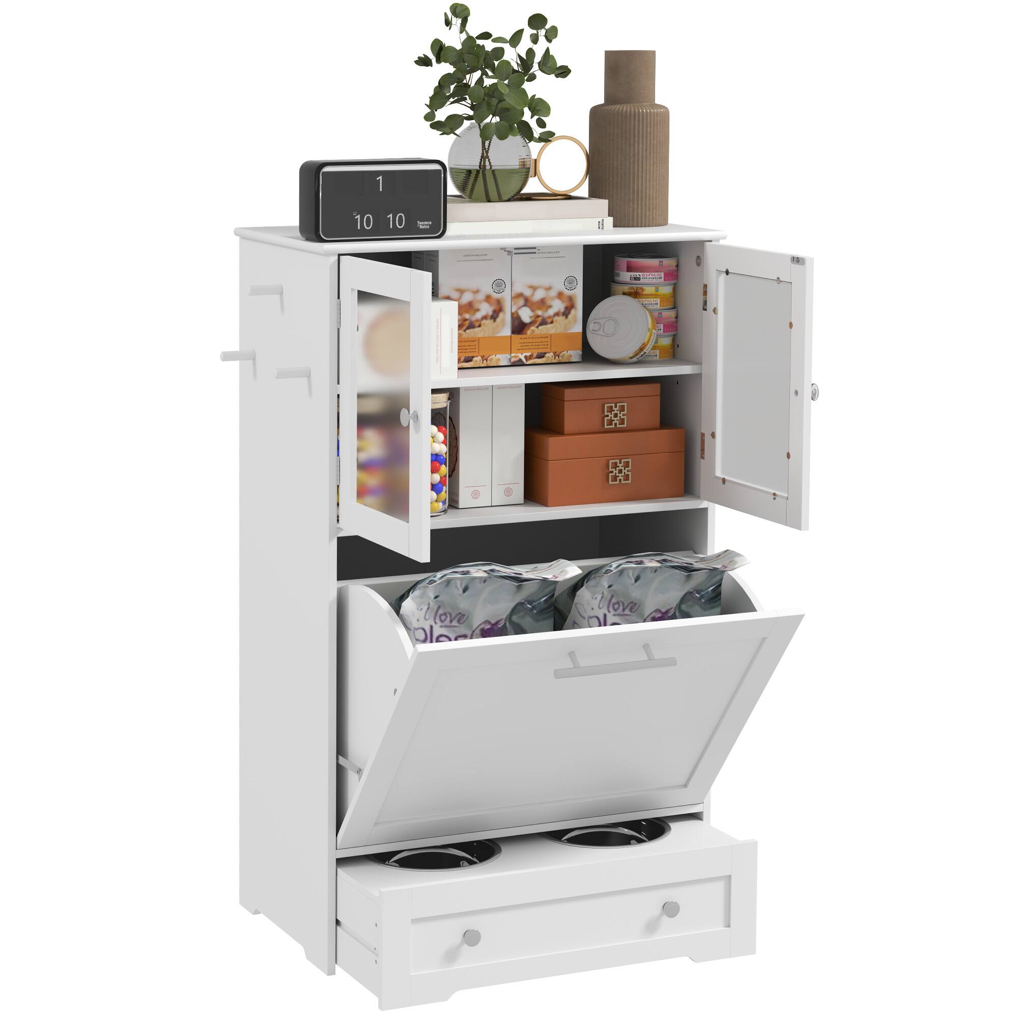 Pawhut - Dog Feeding Station with 2 Cabinets, Feeding Station with 2 Bowls, HiddenFeeder Station for Feeding & Watering - White