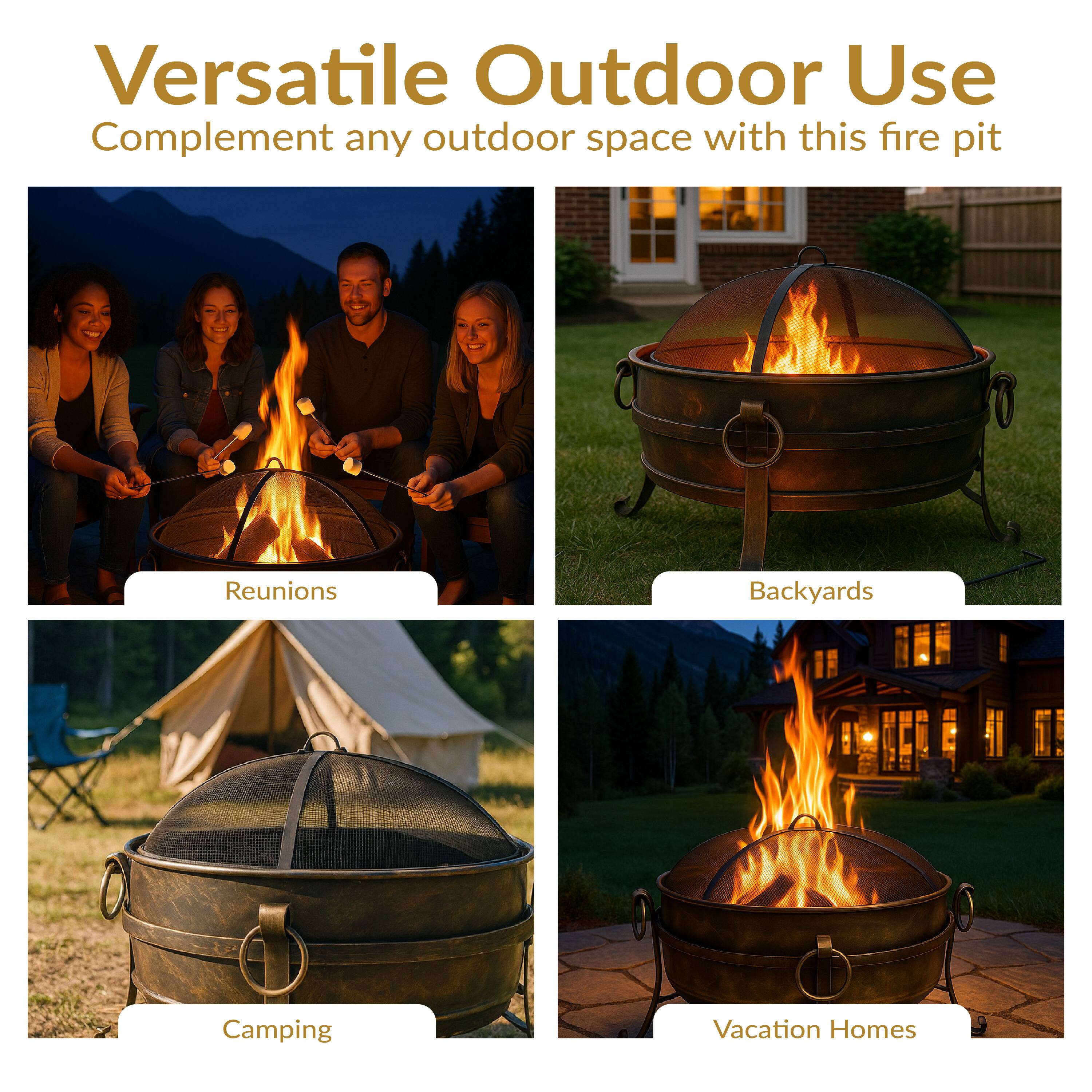 Versatile Outdoor Use  
Complement any outdoor space with this fire pit  

Reunions  
Backyards  
Camping  
Vacation Homes