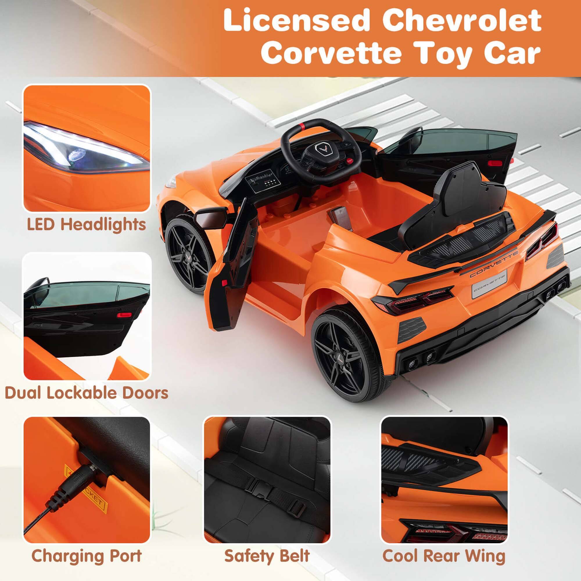 Licensed Chevrolet Corvette Toy Car

- LED Headlights
- Dual Lockable Doors
- Charging Port
- Safety Belt
- Cool Rear Wing