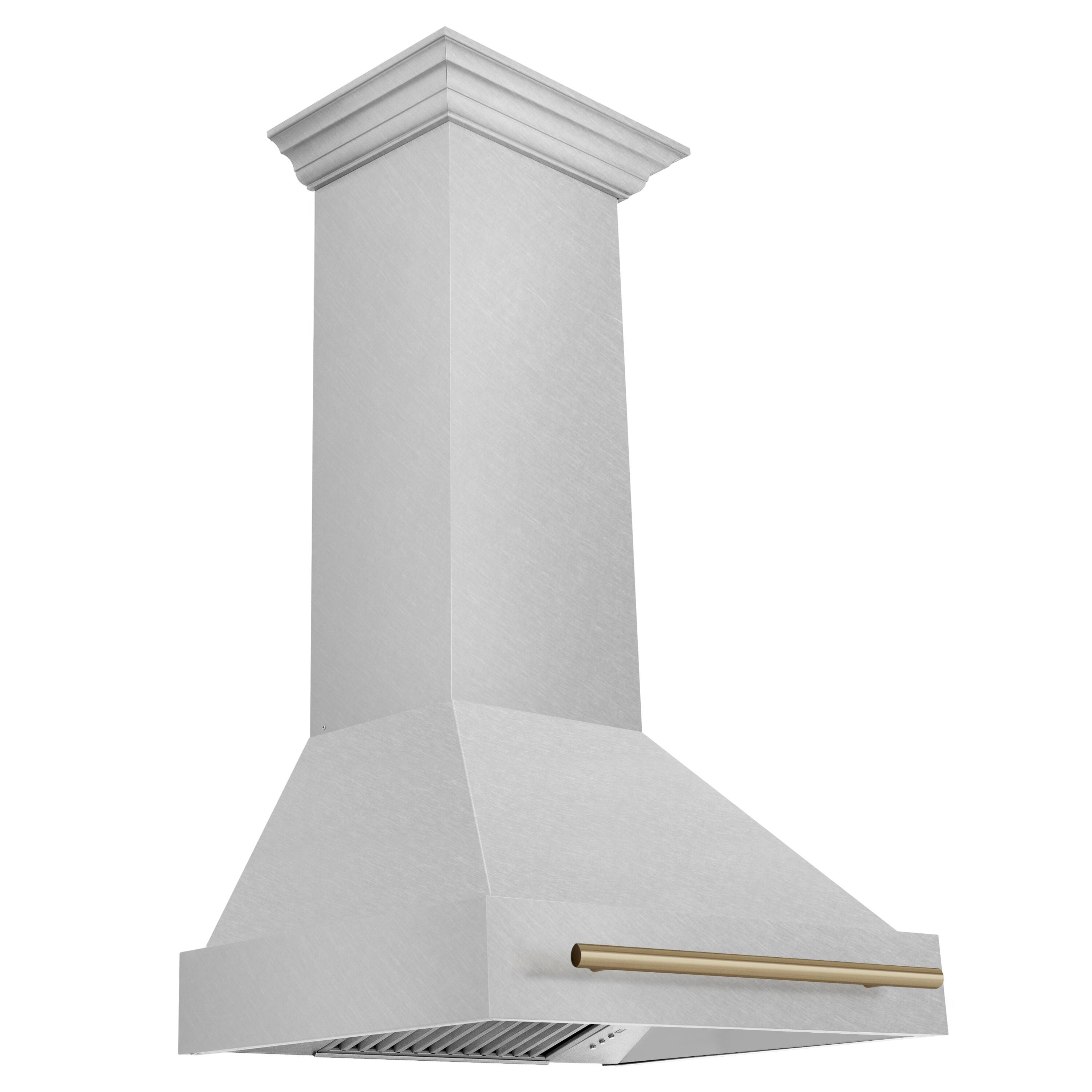 Left. ZLINE - ZLINE Autograph Edition 30 in. Satin Stainless Steel Wall Mount Range Hood with Champagne Bronze Handle (8654SNZ-30-CB) - Satin Stainless Steel.