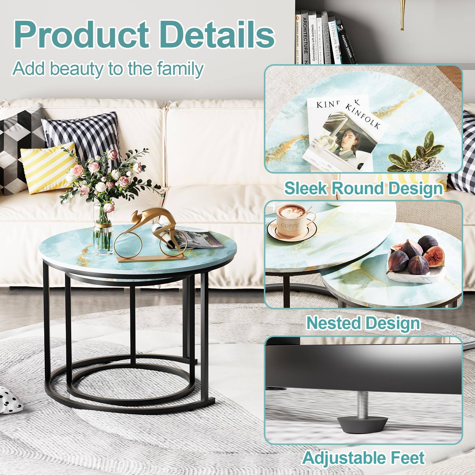 Product Details  
Add beauty to the family  

Sleek Round Design  
Nested Design  
Adjustable Feet