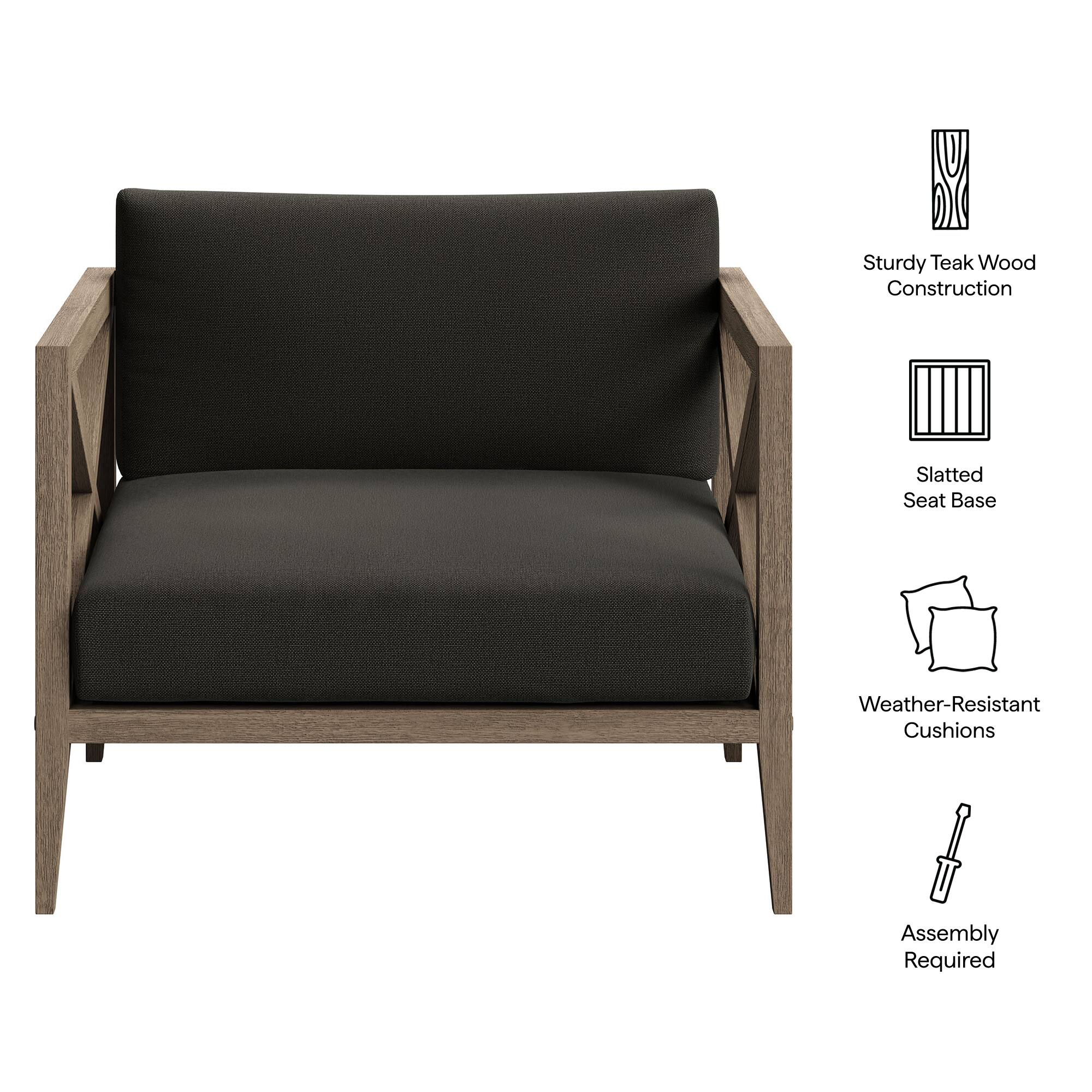 - Sturdy Teak Wood Construction
- Slatted Seat Base
- Weather-Resistant Cushions
- Assembly Required