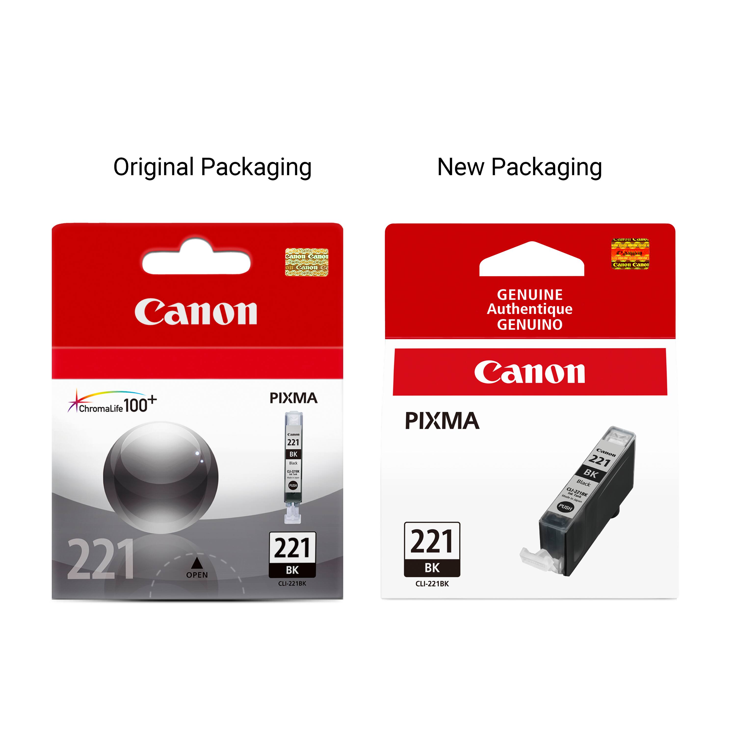 Original Packaging  
New Packaging  
Cheese -  
canon Canor 000 Camon  
CAMME CADOS Caner  
Canon  
GENUINE Authentique GENUINO  
ChromaLife 100+ 221  
OPEN  
PIXMA Comm 221 BK too ARK 221 BK CLI-2218K  
Canon PIXMA CARON 221 BK Black CU-225BK - PUSH 221 BK CLI-2218K