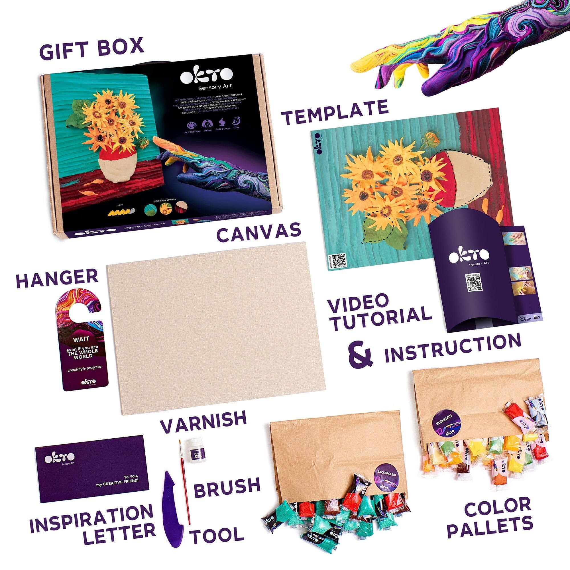 GIFT BOX, TEMPLATE, HANGER, CANVAS, VIDEO TUTORIAL & INSTRUCTION, VARNISH, BRUSH, INSPIRATION LETTER, COLOR PALLETS