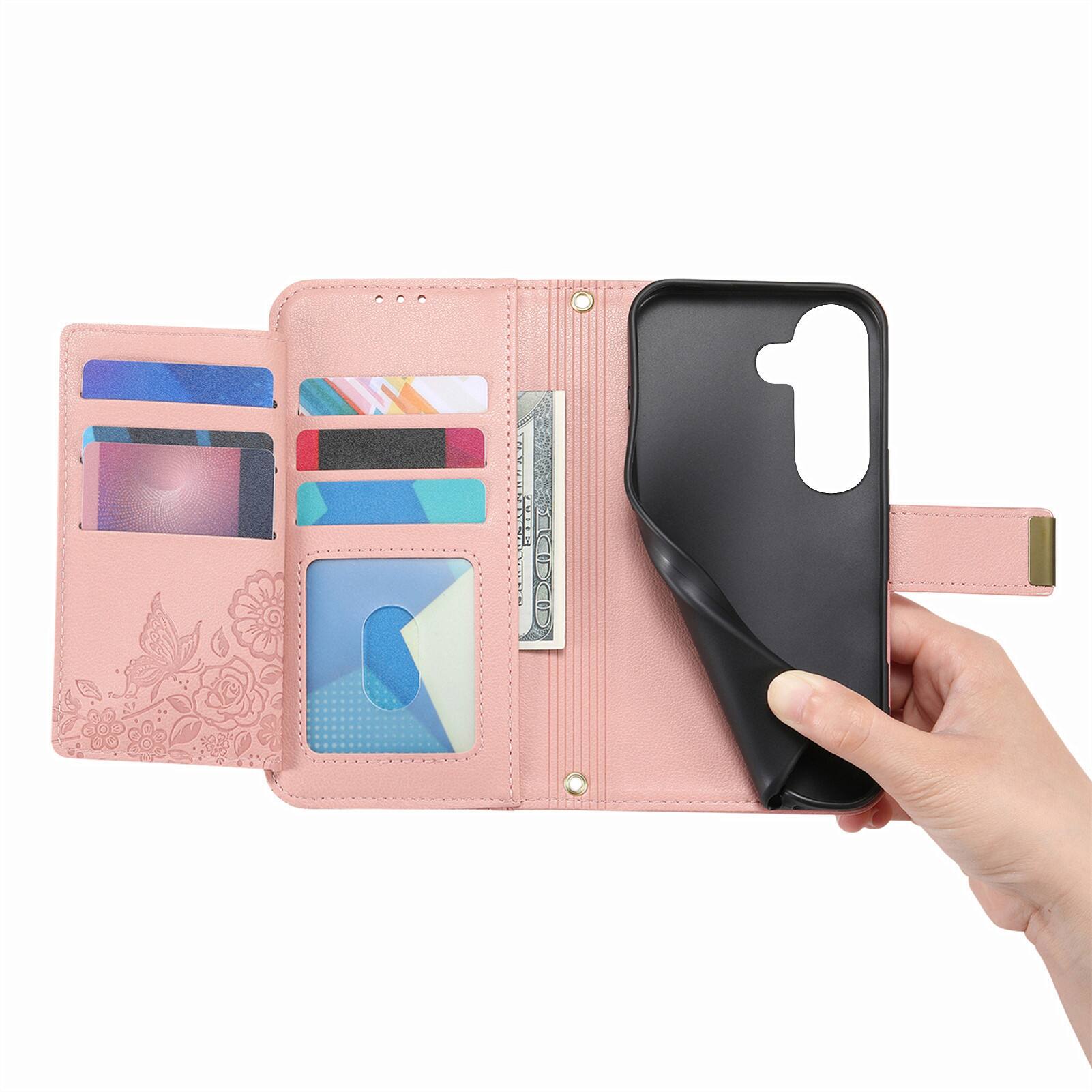 Alt View 9. UUCOVER - Floral PU Leather Wallet Case for Samsung Galaxy S26+ with Zipper Pocket, Cash Card Slot Holder, Shoulder & Wrist Strap - Rosegold.