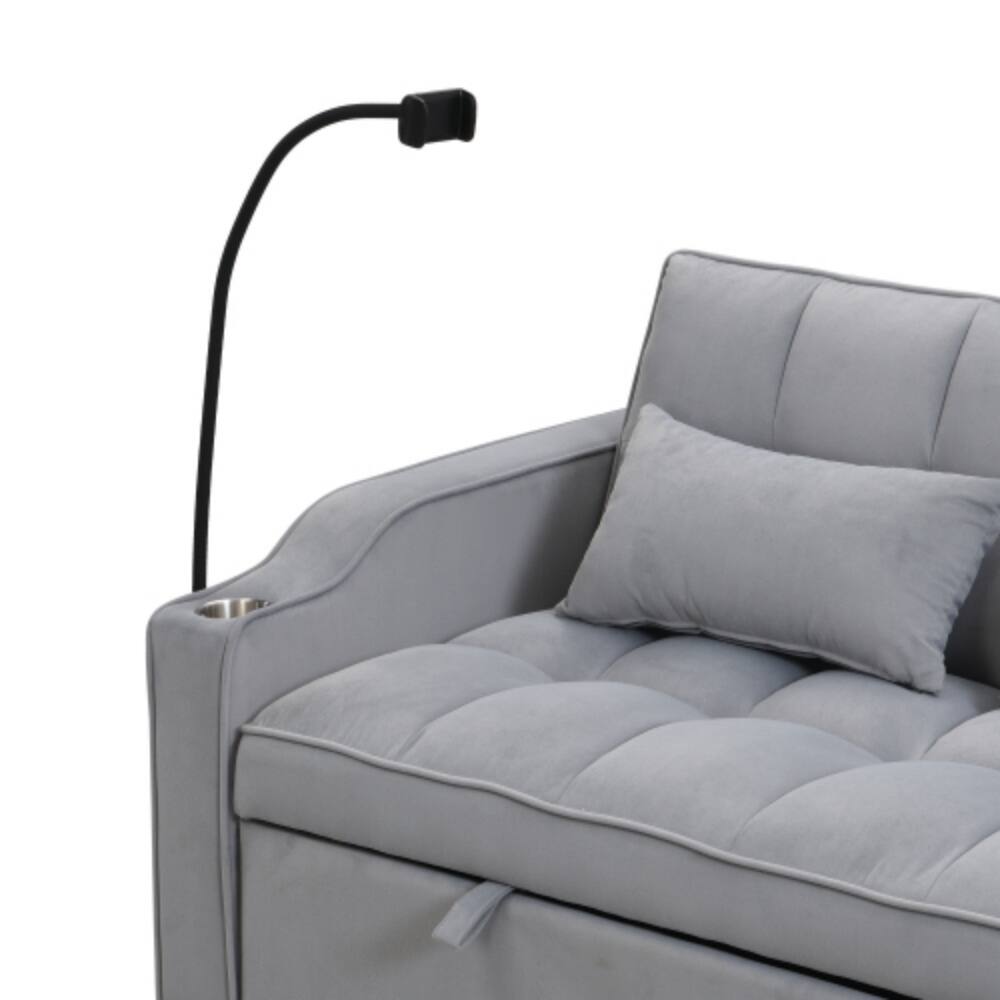 Left. LUCKY ONE - Modern Velvet 3-in-1 Loveseat Futon Sofa Bed w/ Pullout Bed USB & Phone Holder - Light Gray.