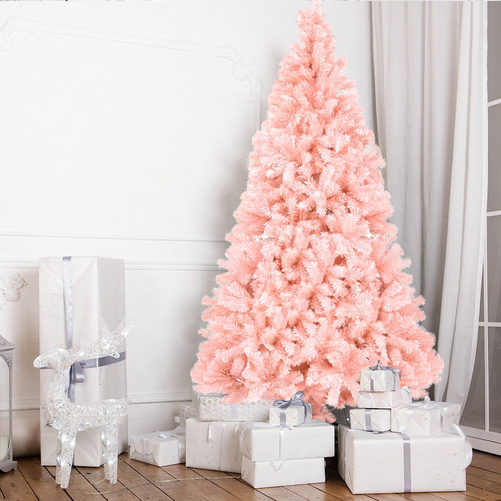 Left. VAVSEA - 7 ft Pink Christmas Tree Artificial, 1400 Tips Unlit Xmas Tree with Iron Stand for Indoor Holiday Decor - Pink.