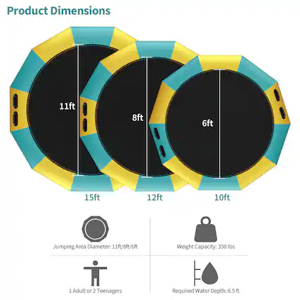 Product Dimensions: 11ft, 8ft, 6ft, 15ft, 12ft, 10ft
Jumping Area Diameter: 11ft/8ft/6ft
Weight Capacity: 330 lbs (1 Adult or 2 Teenagers)
Required Water Depth: 6.5 ft